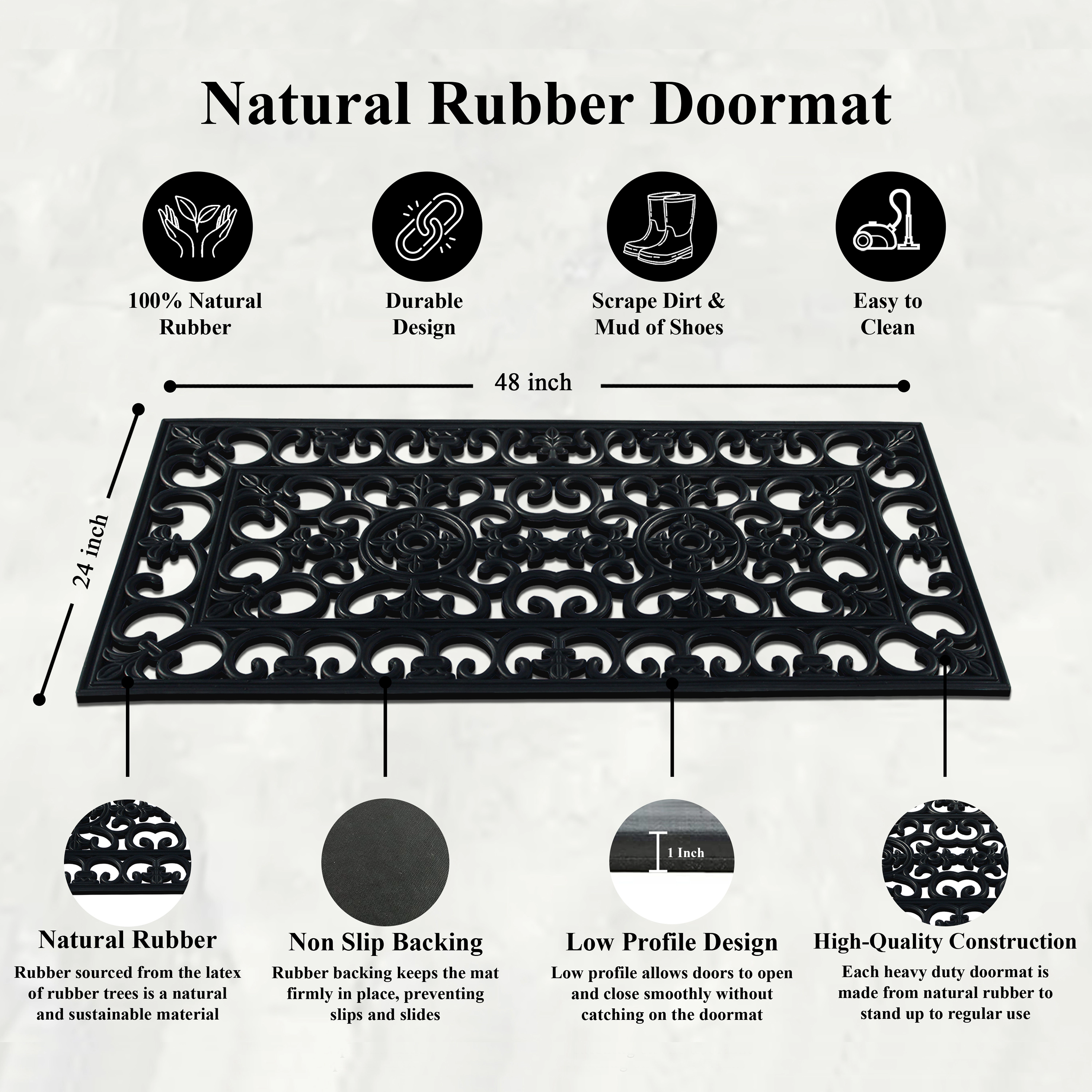 A1 Home Collection 10 lb Heavy Duty Rubber Outdoor Doormat Non-Slip Dirt Scraper Mat, Black Estate, 24 x 48 Inches