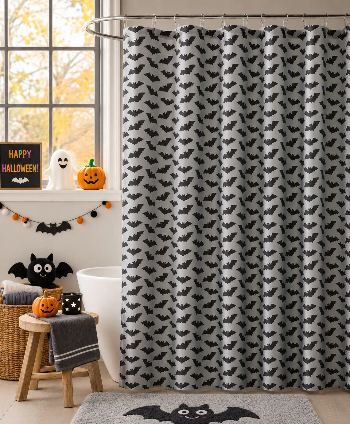 Kate Aurora Halloween Accents Gray & Black Friendly Bats Fabric Shower Curtain