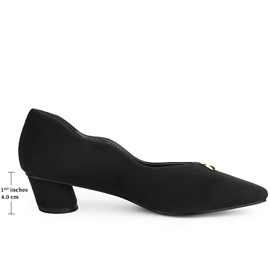 BLISSFUL STEP Women Faux Suede Square Toe Slip on Chunky Heel Low Heels Pumps