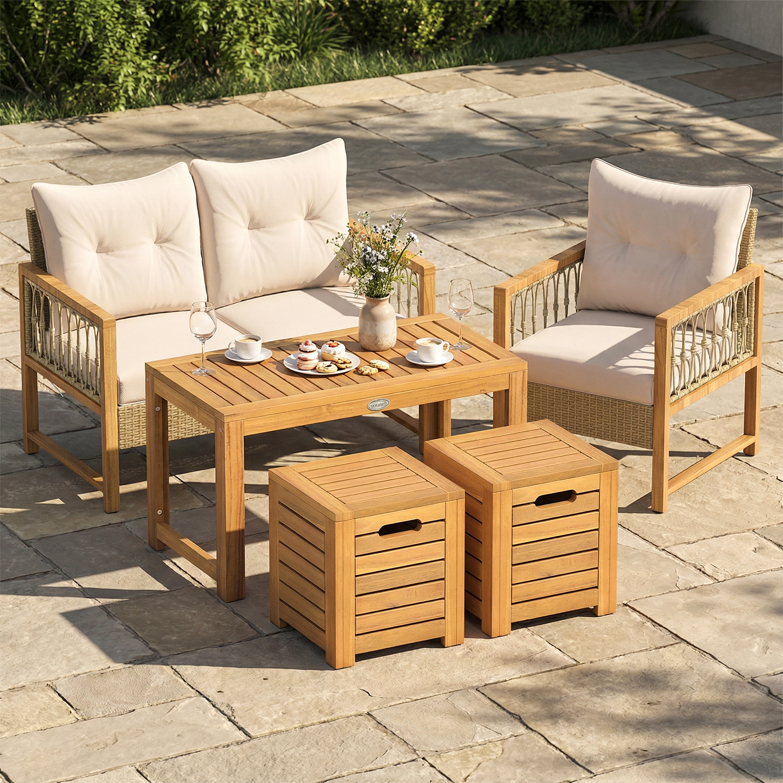 LJG Acacia Wood Outdoor Coffee Table with Stools Set of 2 3 Pieces Patio Table and Stools Set