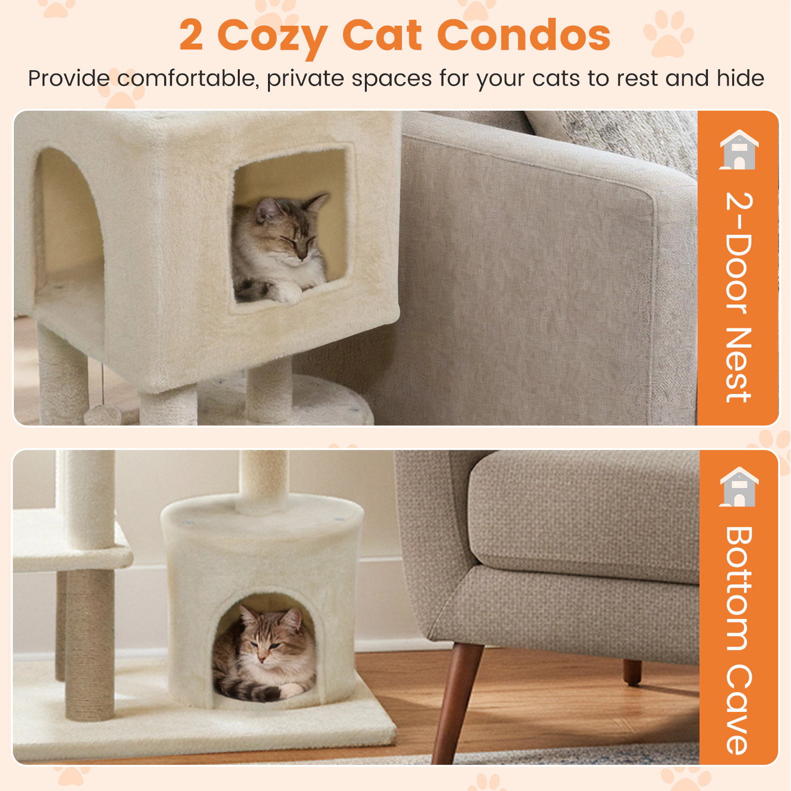 SUGIFT 64-in Tall Cat Tree with 2 Large Condos, 24 x 24-in Base and Jute Scratching Posts 33-lb Capacity Beige