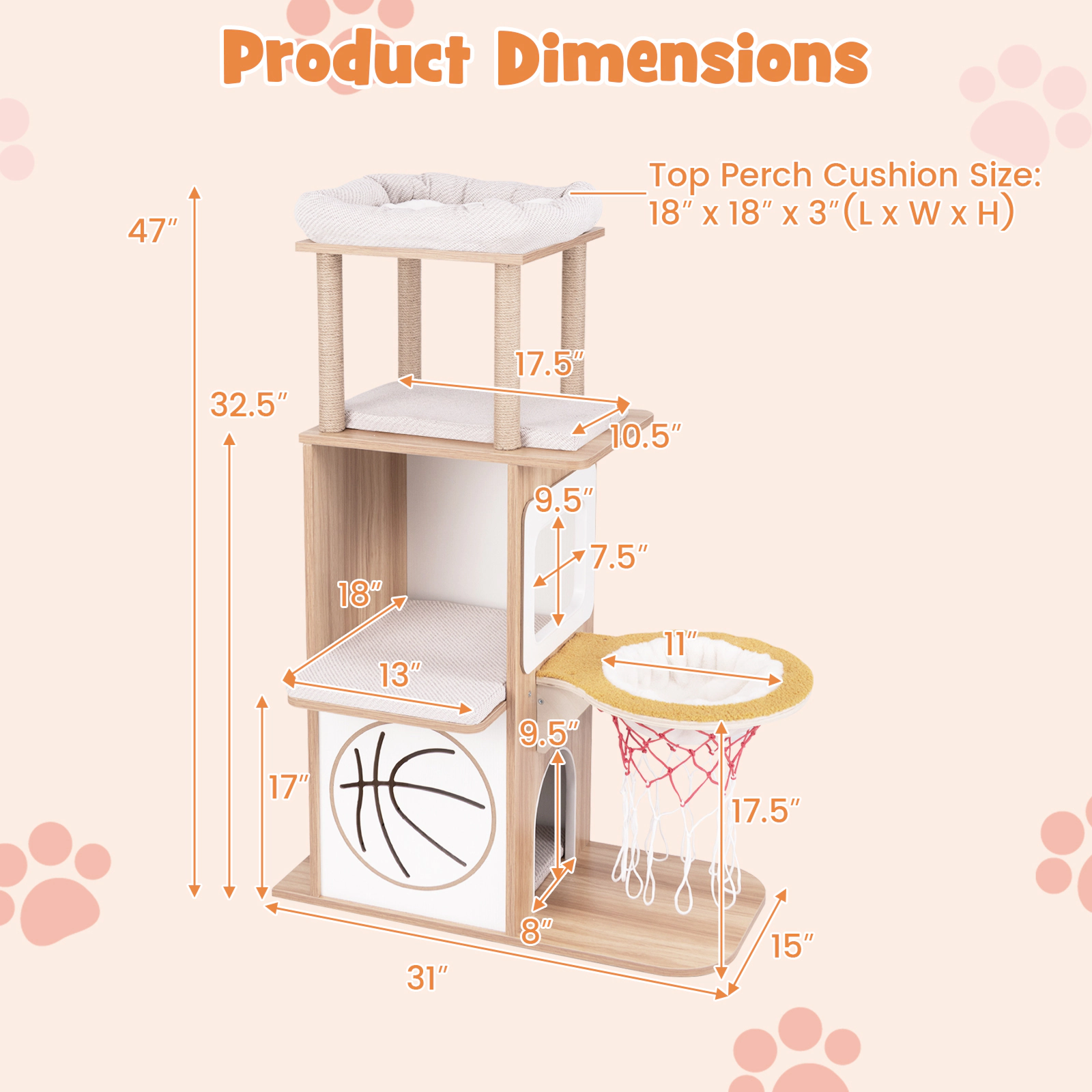 SUGIFT Natural 47 in Wooden Cat Tree with 2-Story Condo and Basketball Hoop Hammock