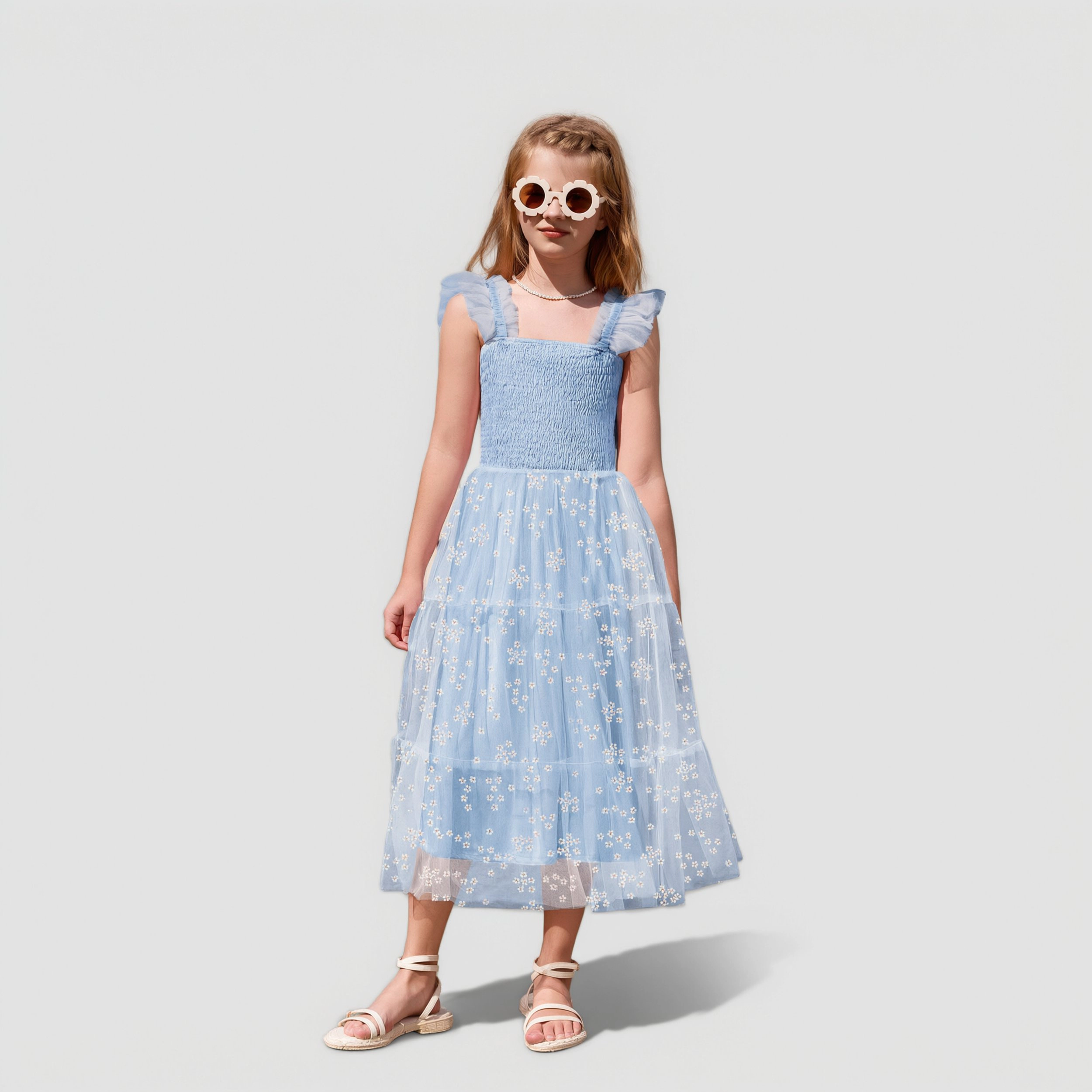 Arshiner  Girl's Ruffle Strap Smocked Tiered Tulle Long A-Line Summer Party Sundress