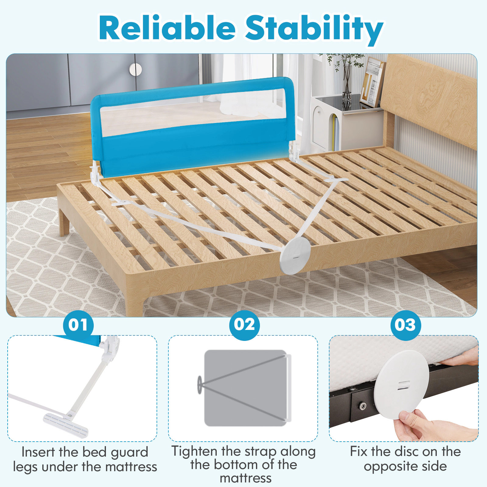 SUGIFT Blue Breathable Safety Strap 59 Inch Folding Baby Bed Rail Guard