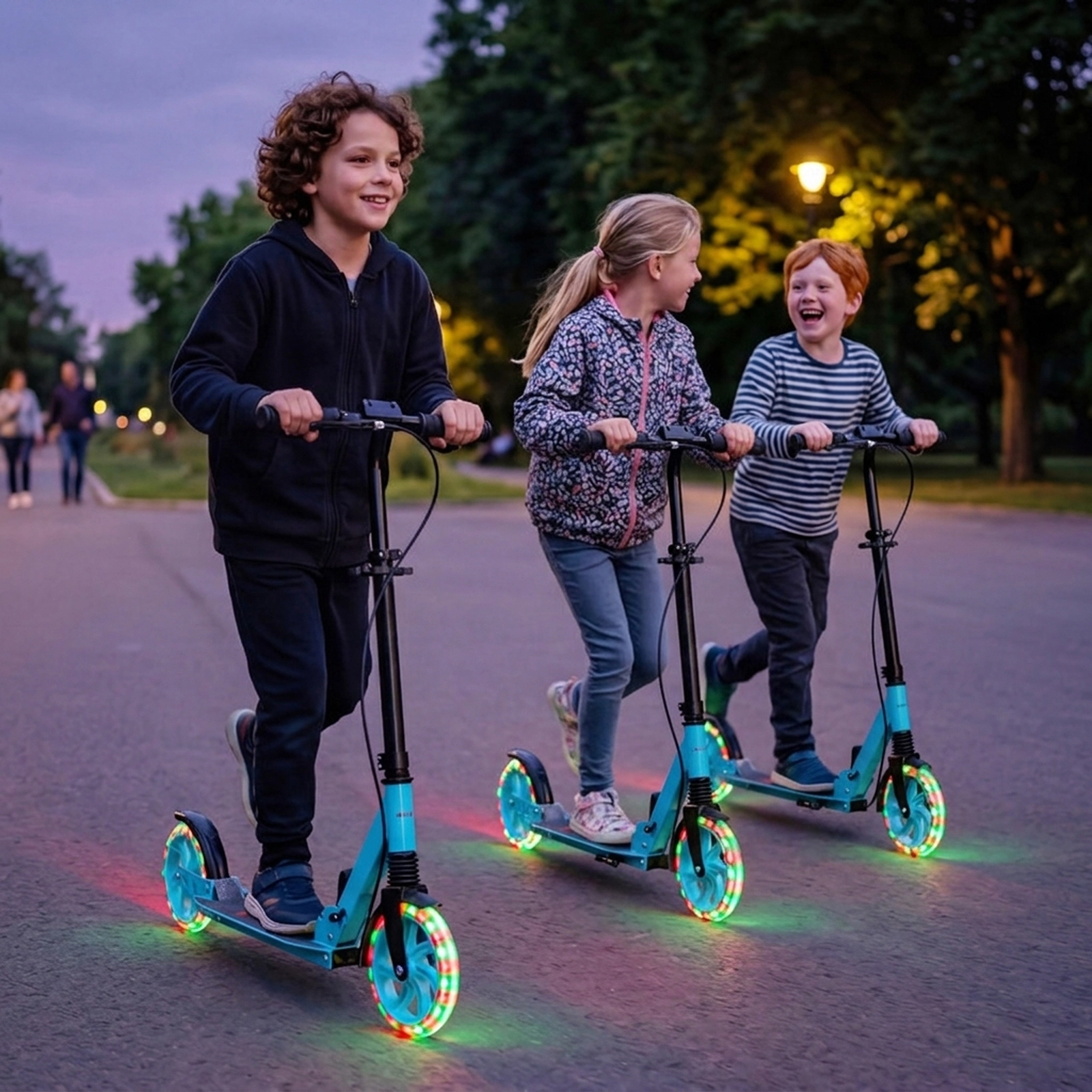 SUGIFT Blue Foldable Kick Scooter, 220-lb Capacity, Front Suspension, Hand Brake and Light-Up Wheels