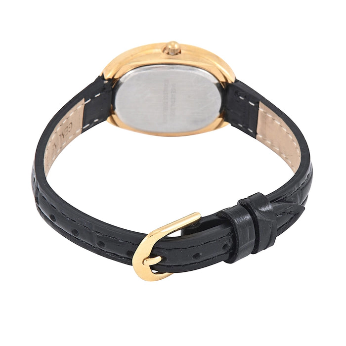 Peugeot Women's 14K Gold-Plated Petite Oval Dial with Thin Glossy Black Leather Strap