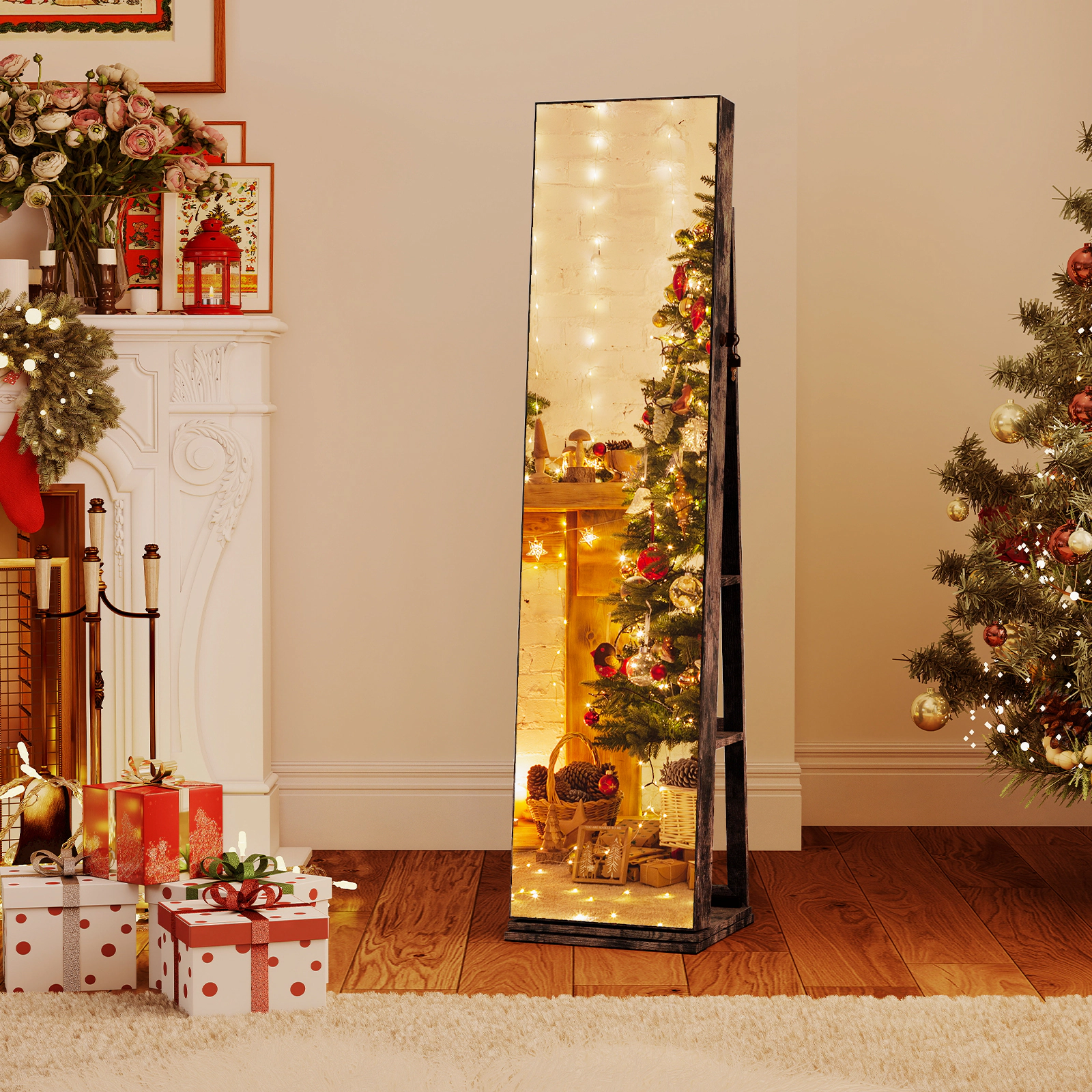 SUGIFT 63 in Swivel Jewelry Cabinet Rustic Brown with 62 in Full Length Aluminum Mirror