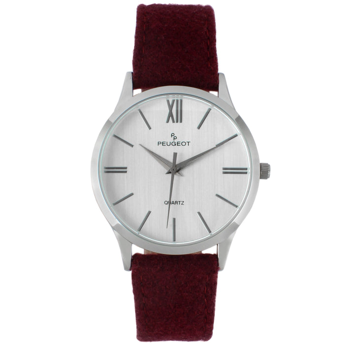 Peugeot Men's Round 40mm Steel Case with Burgundy Wool/Leather Strap