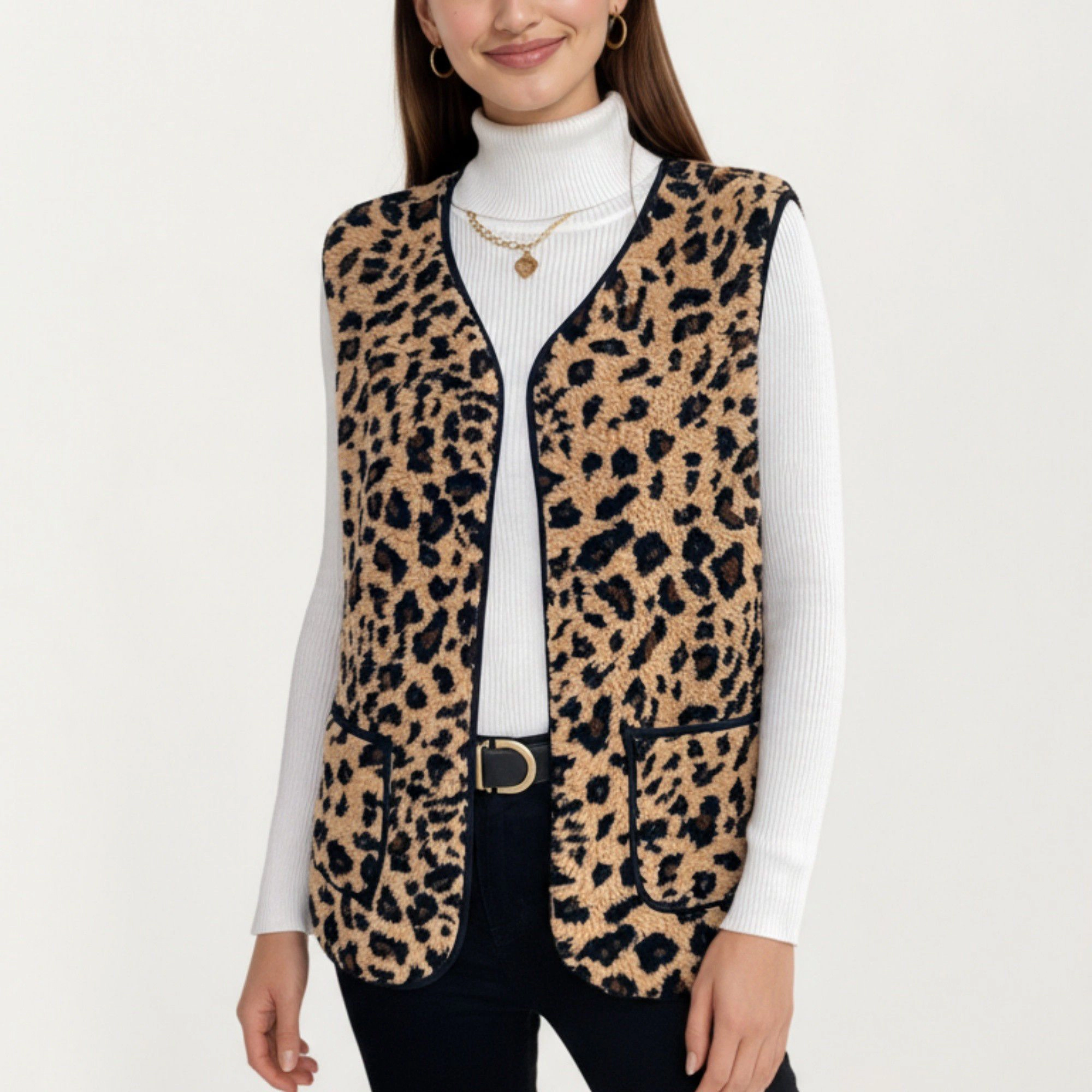 Anna-Kaci Women's Leopard Print Open Front Vest with Contrast Trim and Pockets