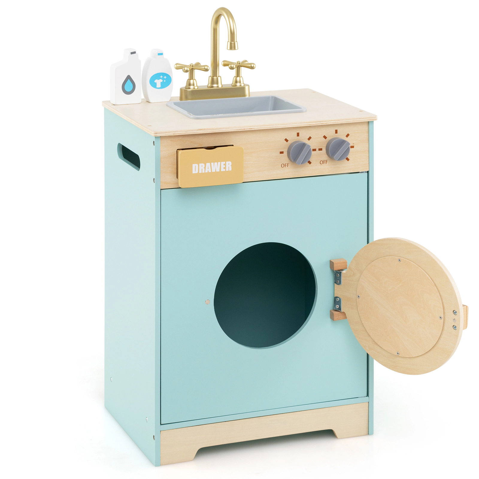 SUGIFT Kids Blue Wooden Toy Washing Machine Playset with Removable Sink and Detergent Bottle 16-in W 30-in H