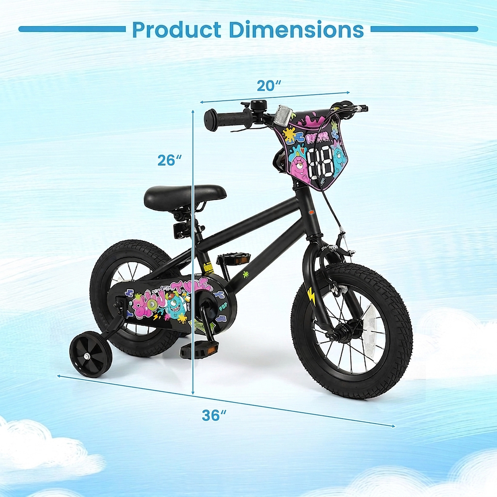 SUGIFT 12-Inch Kids Bike with Training Wheels 110-lb Capacity Ages 3-4 Years 36-in Frame Adjustable Saddle Black 1-Piece