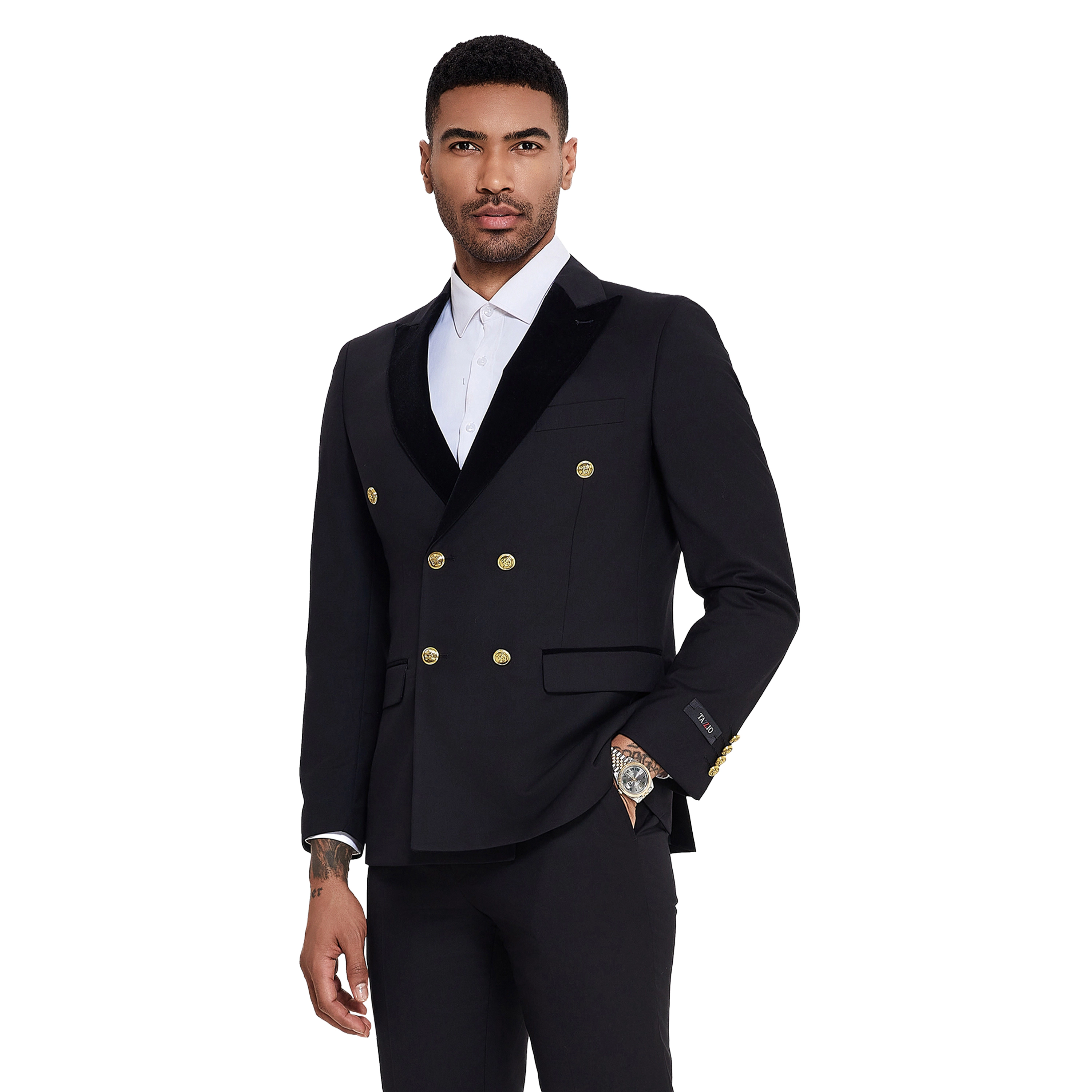 Tazzio Mens Skinny Fit Velvet 2 Piece Suit Set, Peak Lapel