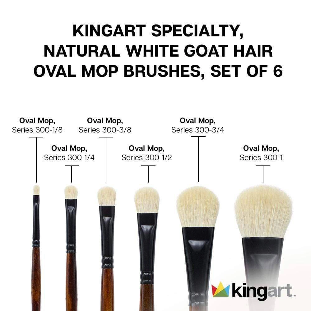 KINGART White Oval Mop Brush Set - 6 pc, Natural Goat Hair, Short Handles