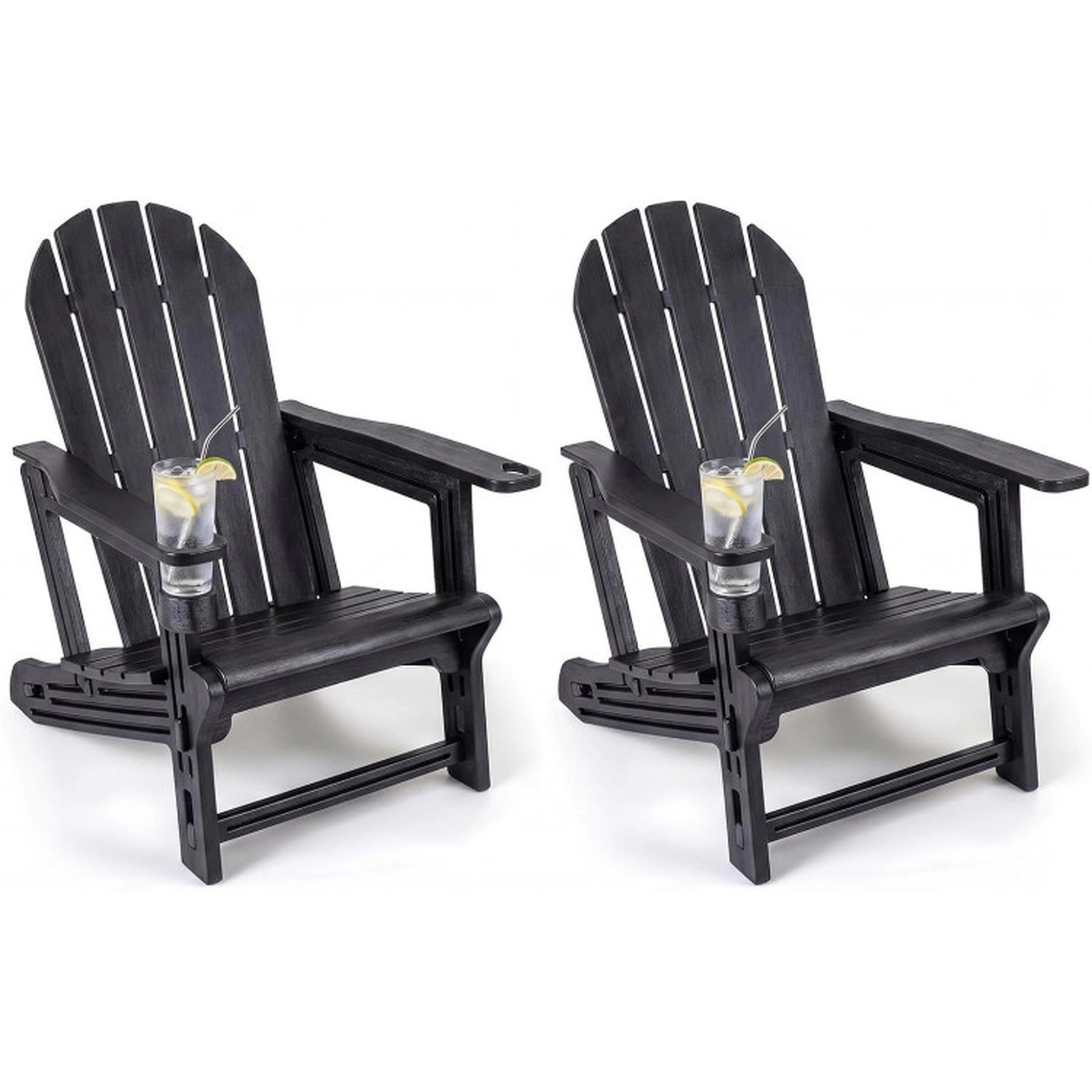 SUGIFT Set of 2 Weather-Resistant HDPE Adirondack Chairs with Cup Holder 330-Lb Capacity 33.5-in Frame Black