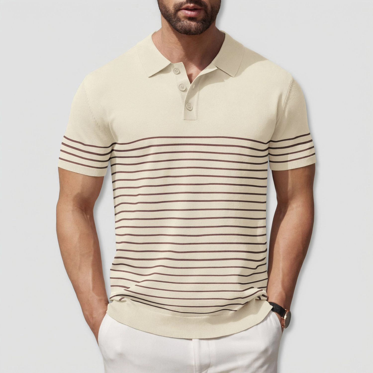 COOFANDY Mens Striped Polo Shirt Short Sleeve Button Placket Collared  Tops