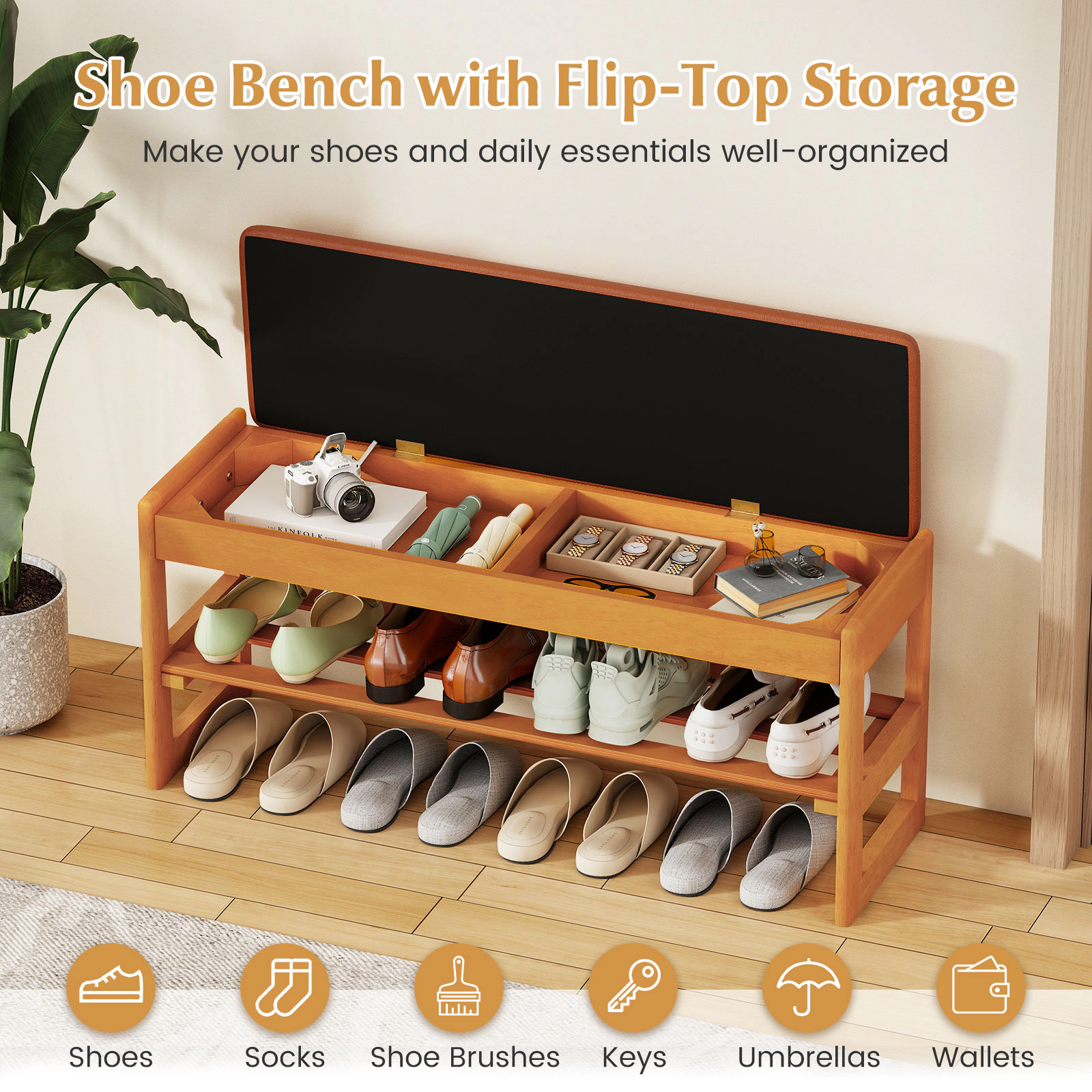 SUGIFT Brown Flip-Open Storage 2-Tier Rubberwood Entryway Bench 40 Inch Shoe Rack Bench