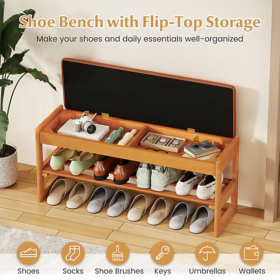 SUGIFT 2-Tier Brown Rubberwood Shoe Rack Entryway Bench with Flip-Open Storage 40-in W 400-lb Seat Capacity