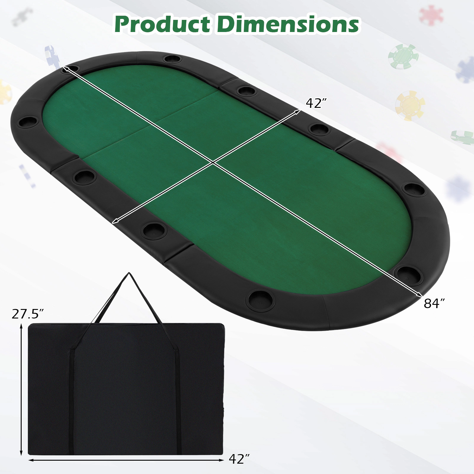 SUGIFT Green 10-Player Oval Foldable Poker Table Top with Padded PU Armrest and 10 Cup Holders 84-in W 42-in D