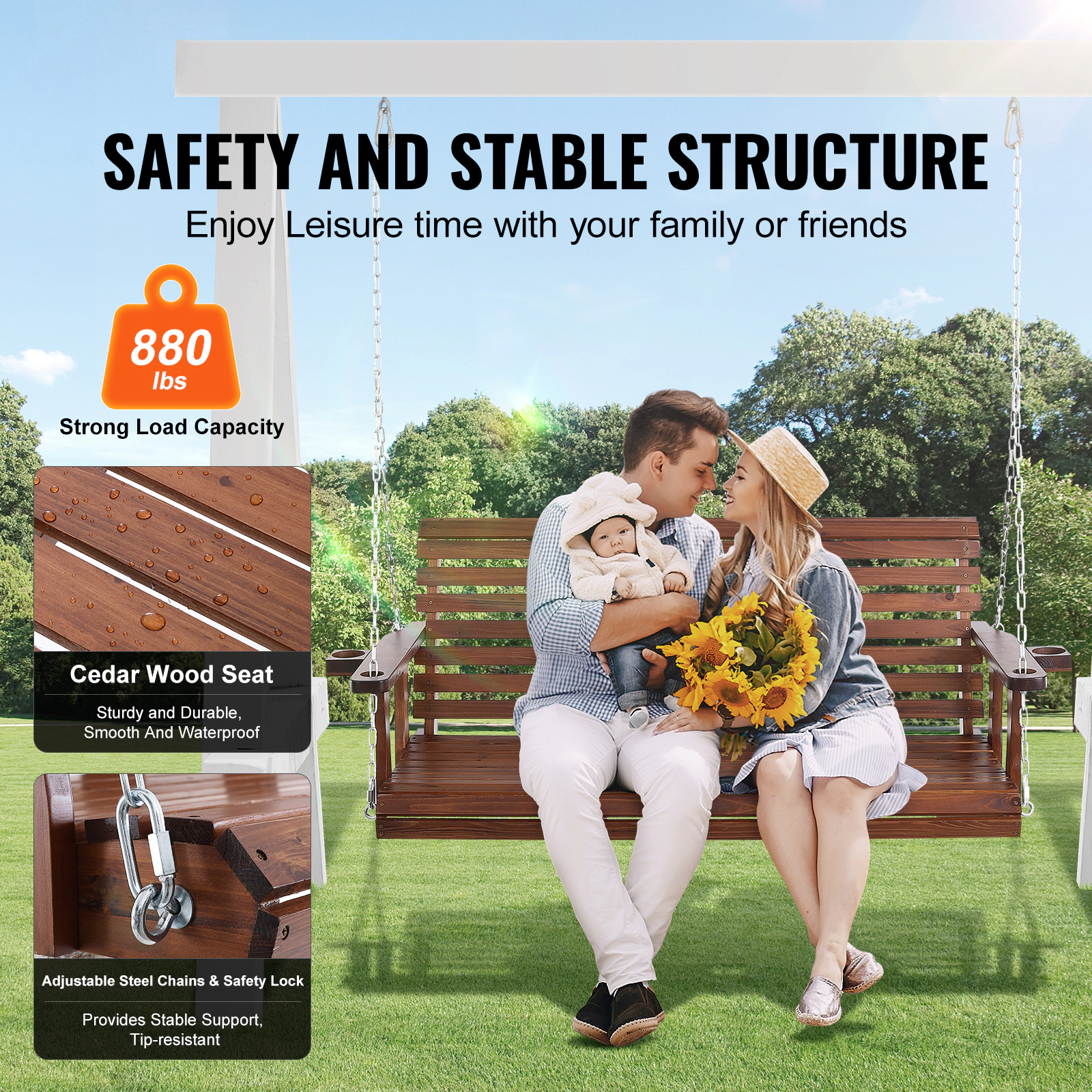 HONGGE 5.5 ft Cedar Wood Porch Swing with Dual Cup Holders & Hanging Chains, Patio Bench Seat, 880 lb Capacity