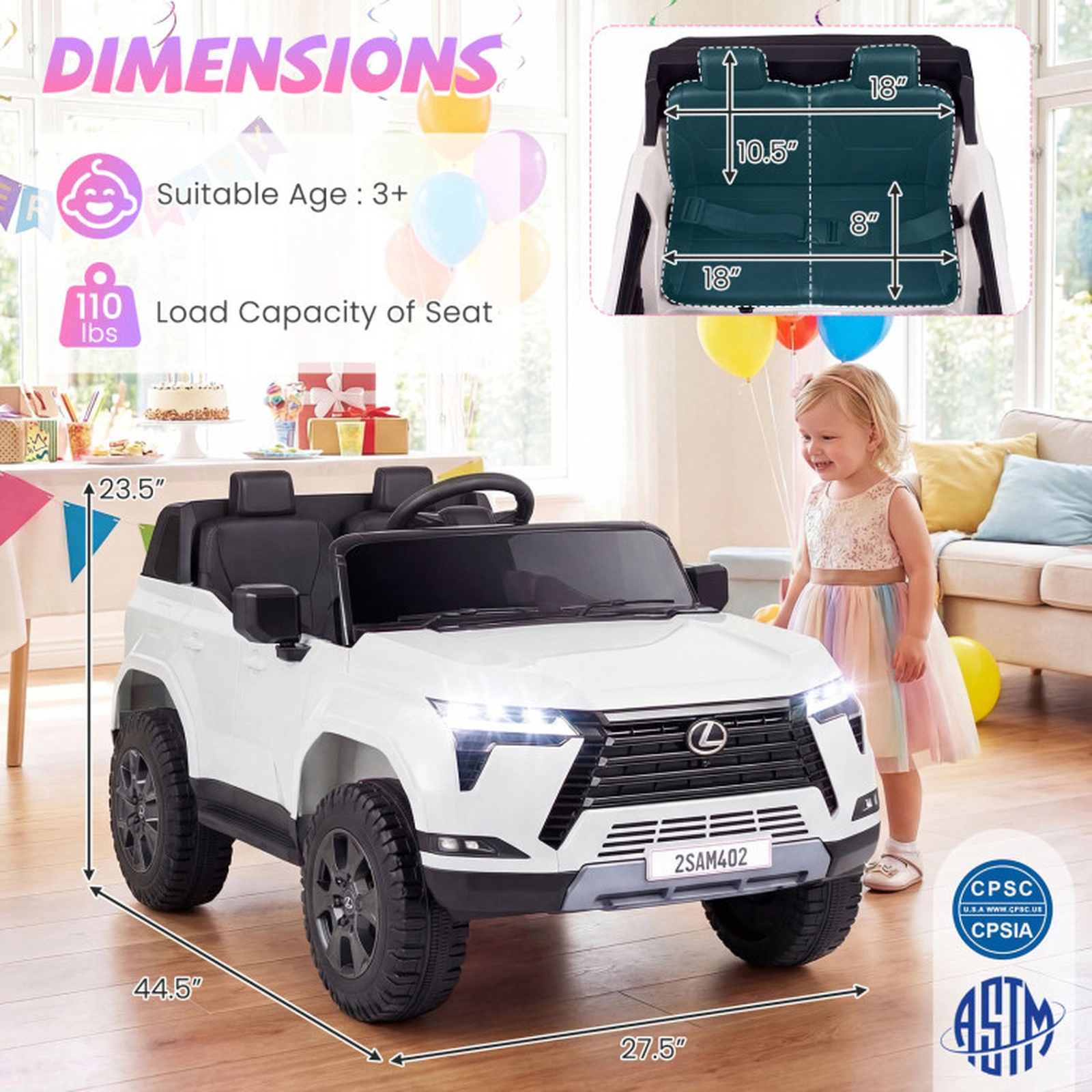 SUGIFT 24V 4WD Licensed LEXUS GX550 Ride-On Car with Remote 110-lb Capacity Ages 3+ Electric Vehicle White