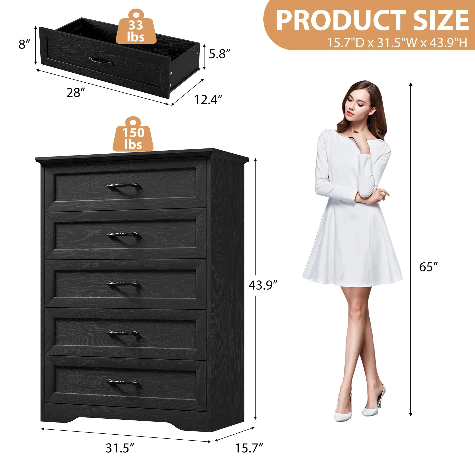 Farmhouse 5 Drawer Dresser with Metal Handles, 44" Tall Wooden Storage Cabinet for Bedroom Living Room