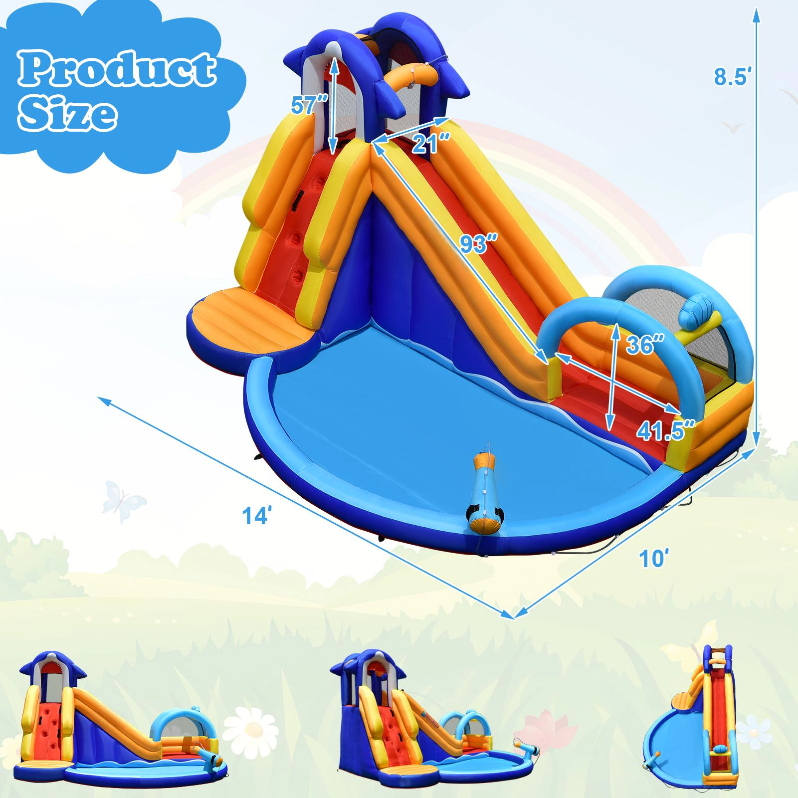 SUGIFT Blue 14-ft Inflatable Bouncy House with Water Slide Splash Pool and Mesh Safety Walls for Yard
