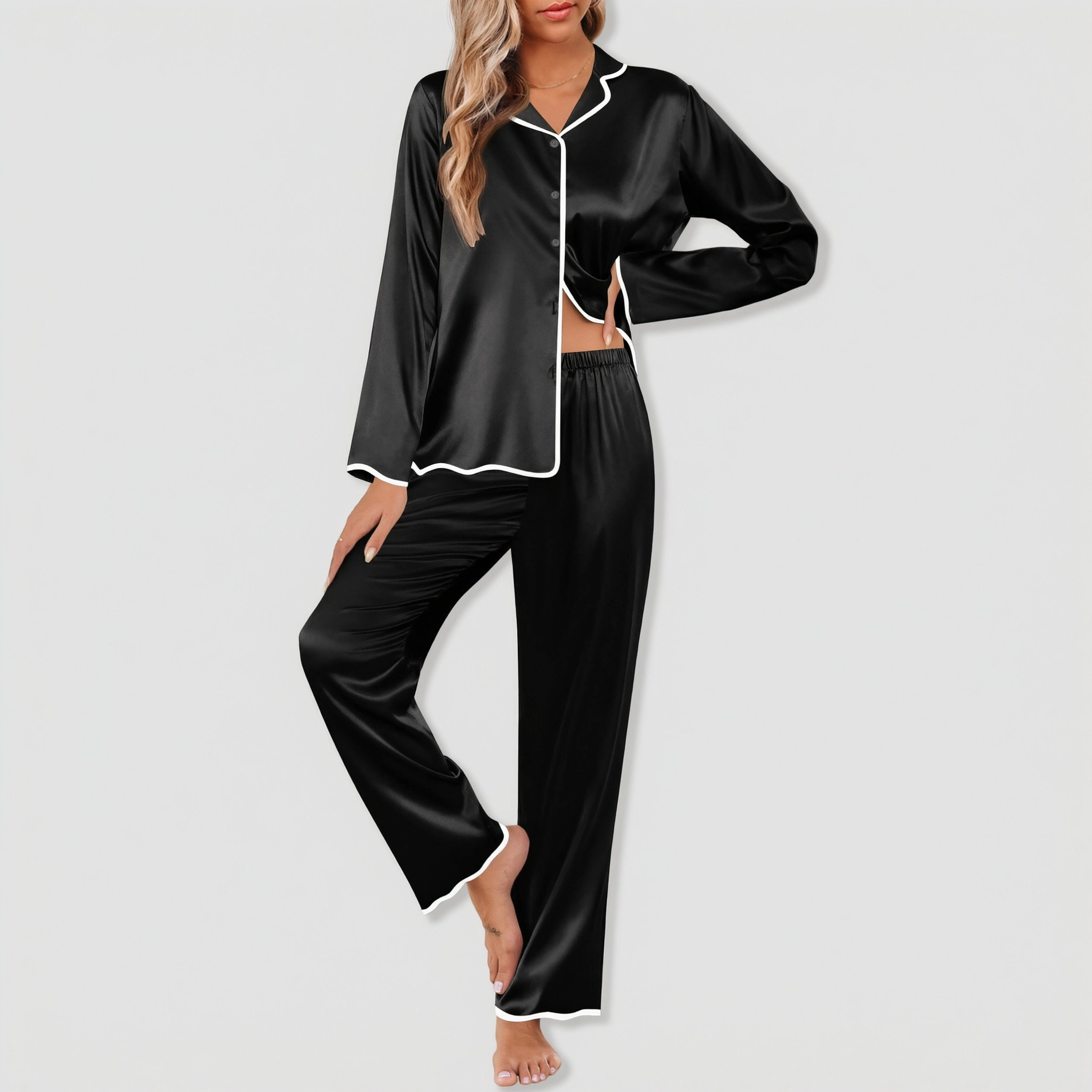 Ekouaer Womens Silk Pajama Set Satin Button Up Top and Pants Silky Ladies Valentines