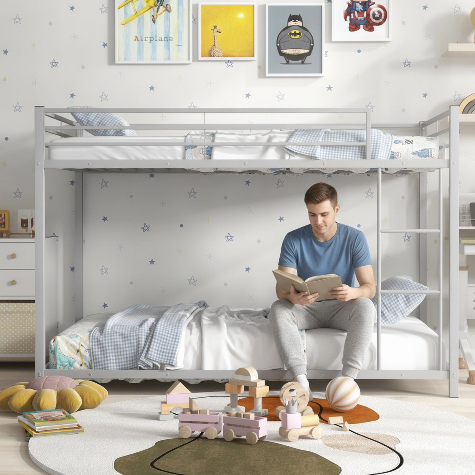 SUGIFT Twin-Over-Twin Low-Profile Metal Bunk Bed, Silver
