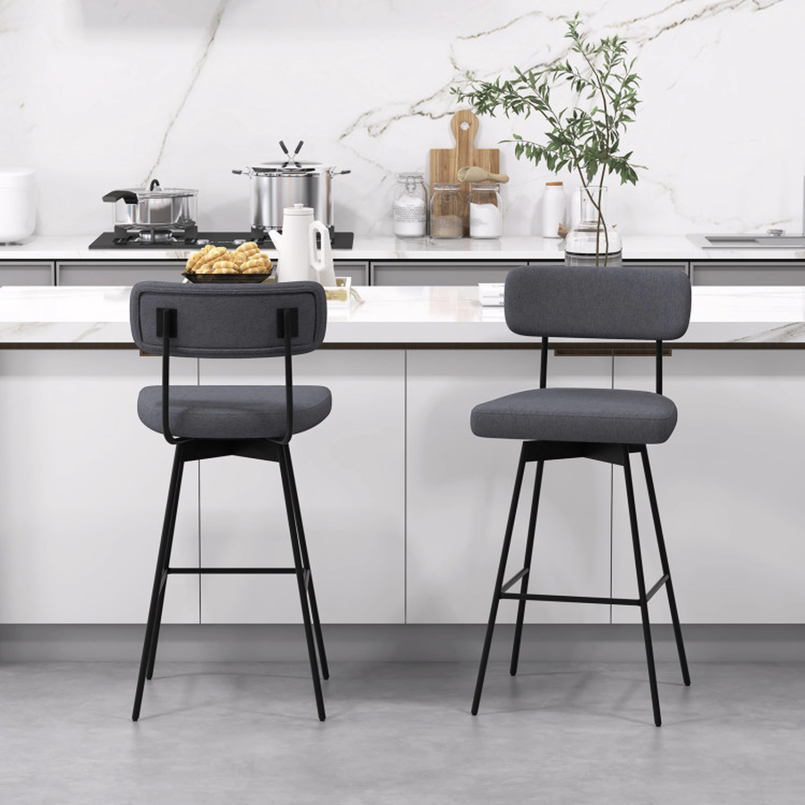 SUGIFT Set of 2 Linen Seat and Metal Frame 29-in Seat H Upholstered Swivel 330-lb Rated Bar Stools Gray