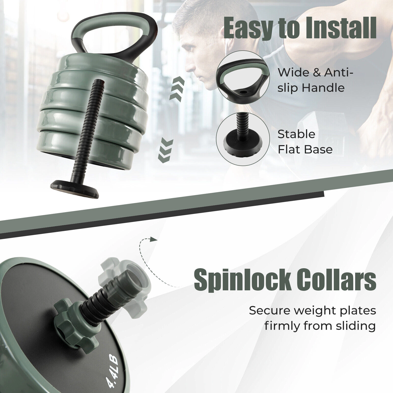SUGIFT 4-in-1 Adjustable Dumbbell Barbell Kettlebell Free Weight Set 12 Plates 16-in Bars 47-lb Total Black + Gray