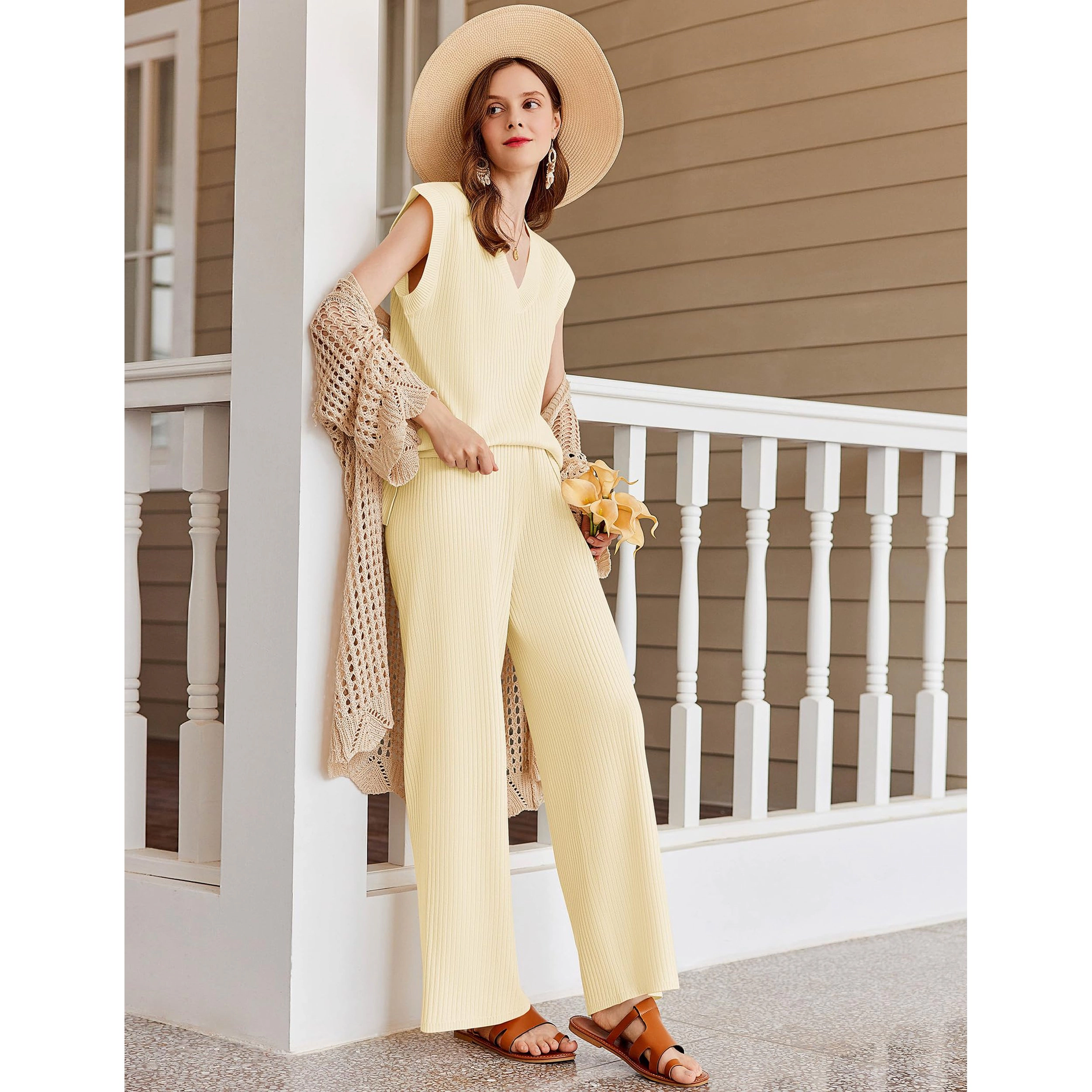 Ekouaer Lounge Sets for Women 2 Piece Outfits Knit Cap Sleeve PJ Tops Long Pajama Pants Casual