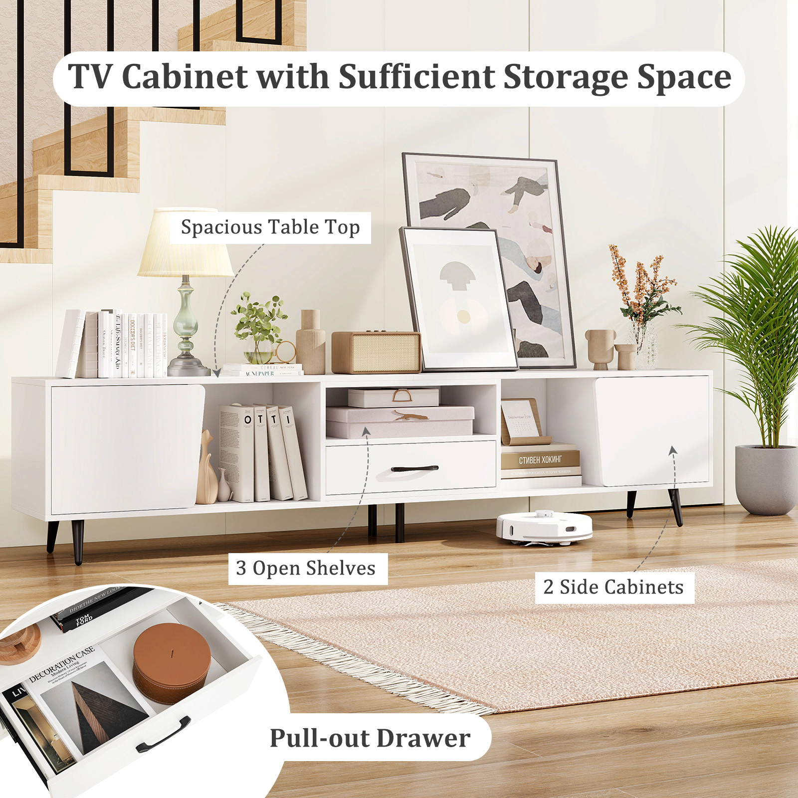 Glintex 79-Inch TV Stand with Charging Station for TVs up to 90 Inches, White & Black