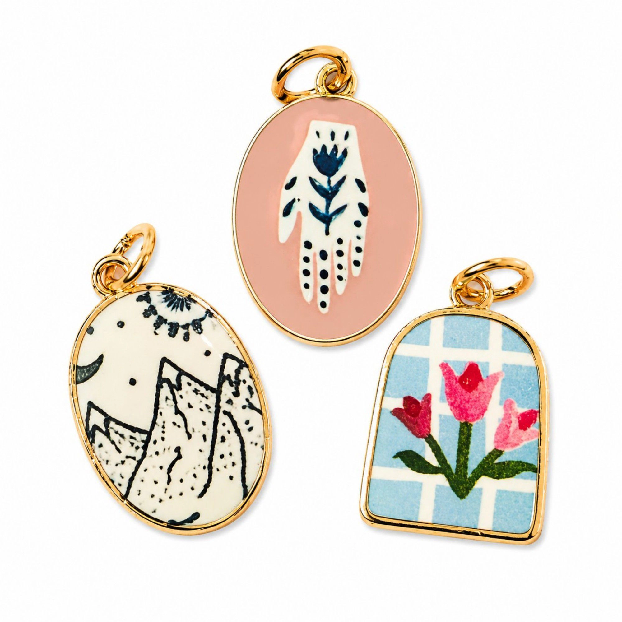 Alilang Women's 3pc Scenic Artwork Keychain Bag Charm Set with Gold Tone Trim for Bags and Keys