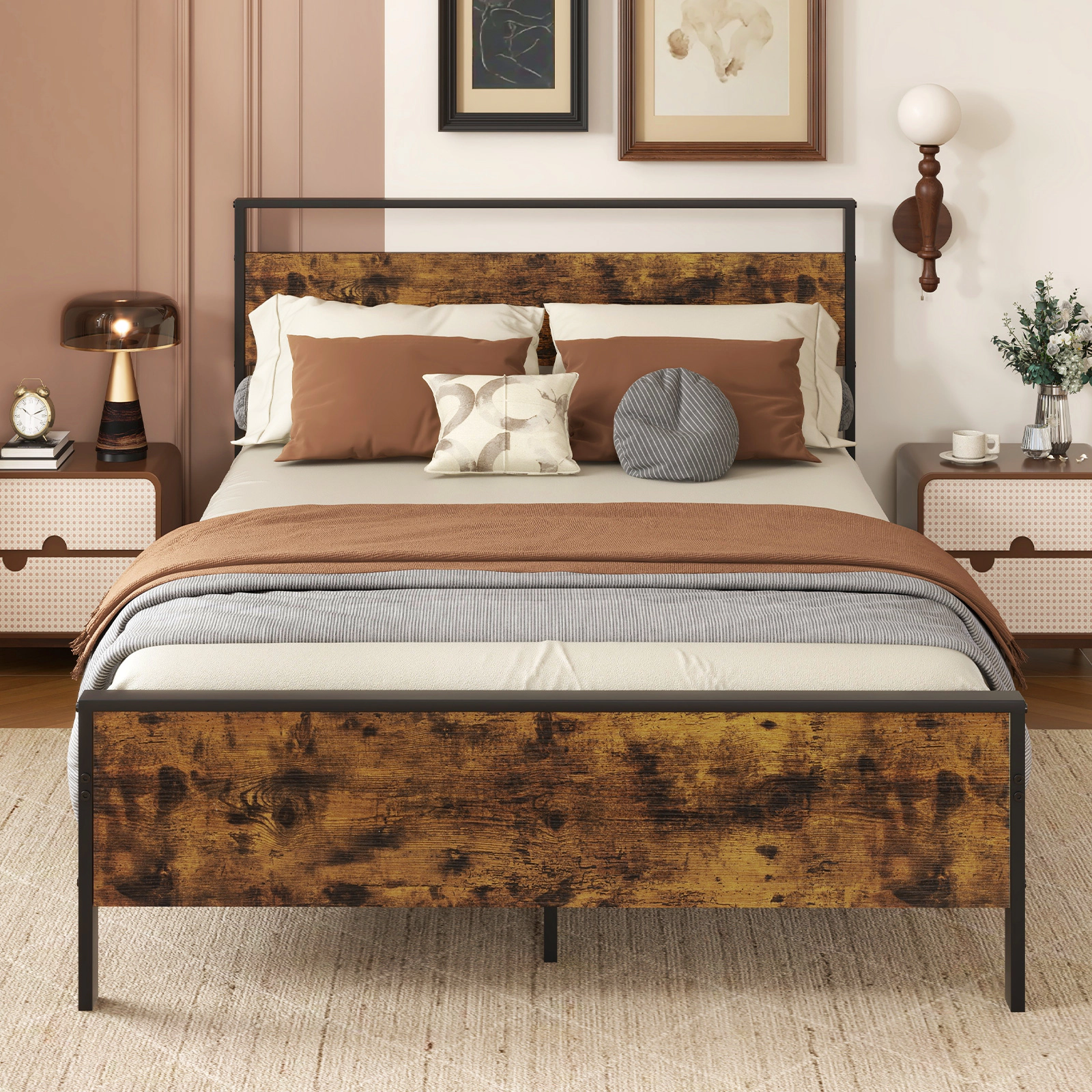 SUGIFT Full Size Platform Bed Frame with Rustic Wood Headboard and Footboard 800-lb Capacity Rustic Brown