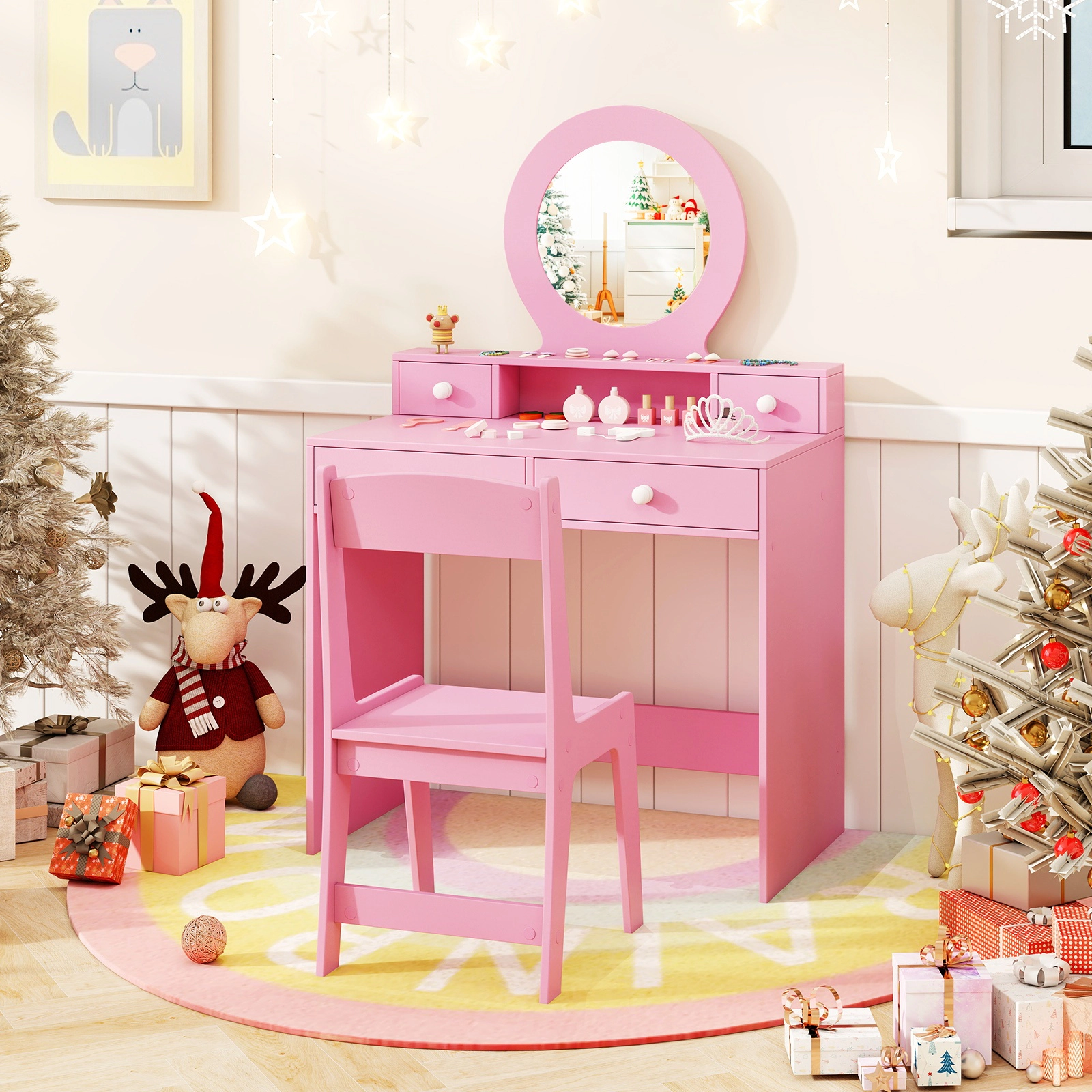 SUGIFT Kids Vanity Table and Chair Set with Acrylic Mirror 110-lb Tabletop and 165-lb Chair Capacity Ages 3+ Pink/White