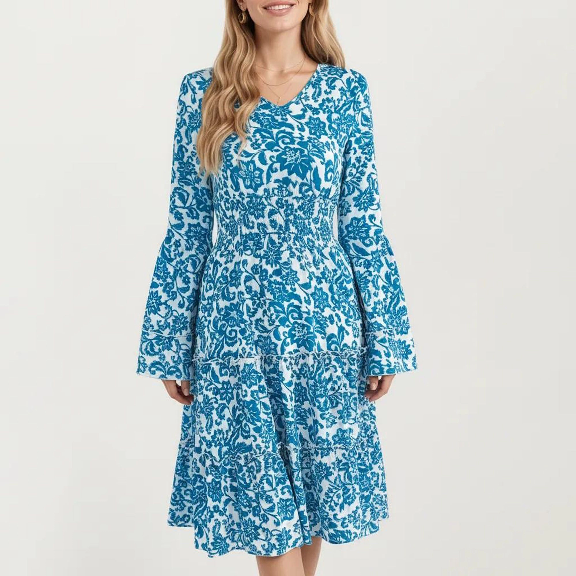 Anna-Kaci Women's Floral V Neck Bell Sleeves Tiered Skirt Dress