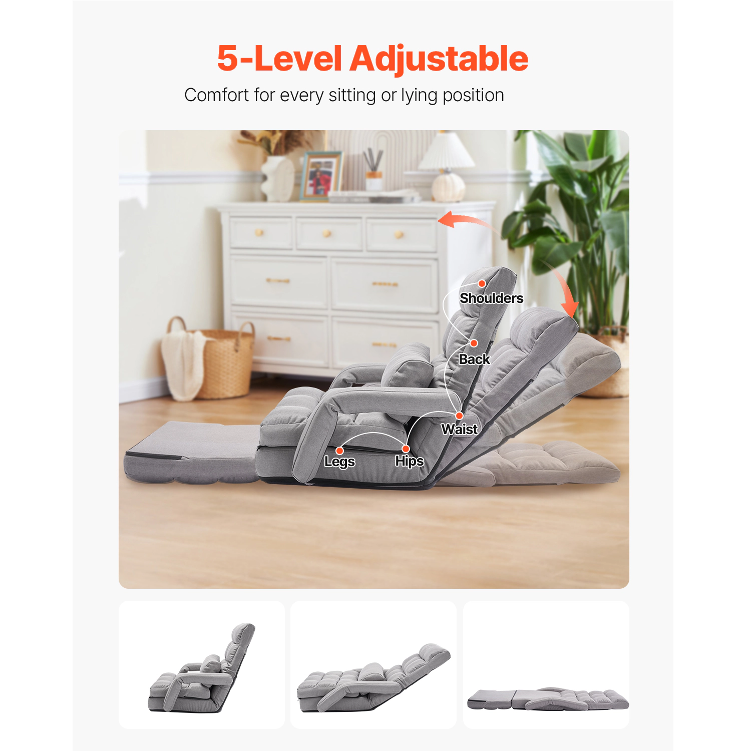 HONGGE Floor Chair 5 Adjustable Positions Folding Floor Gaming Chair with Ergonomic Back Support Sturdy Metal Frame