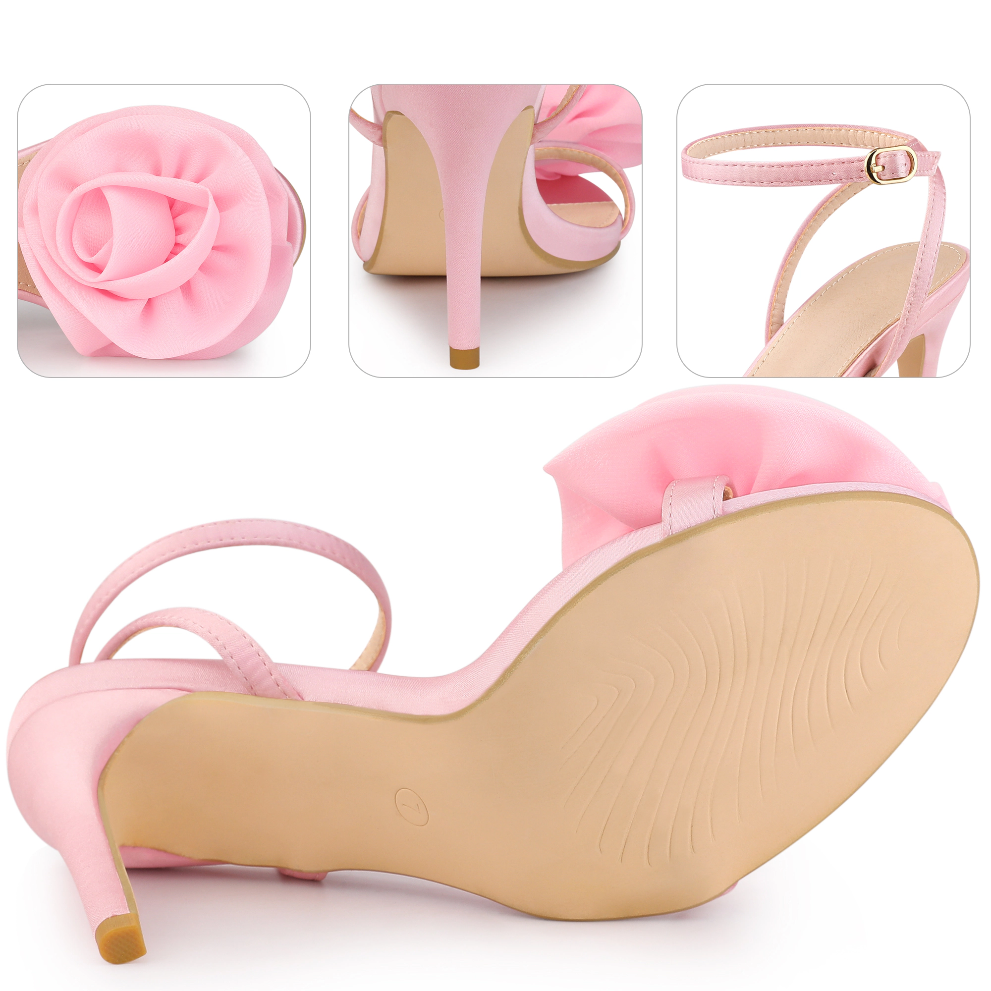 BLISSFUL STEP Women's Flower Heels Satin Stiletto Heel Sandals