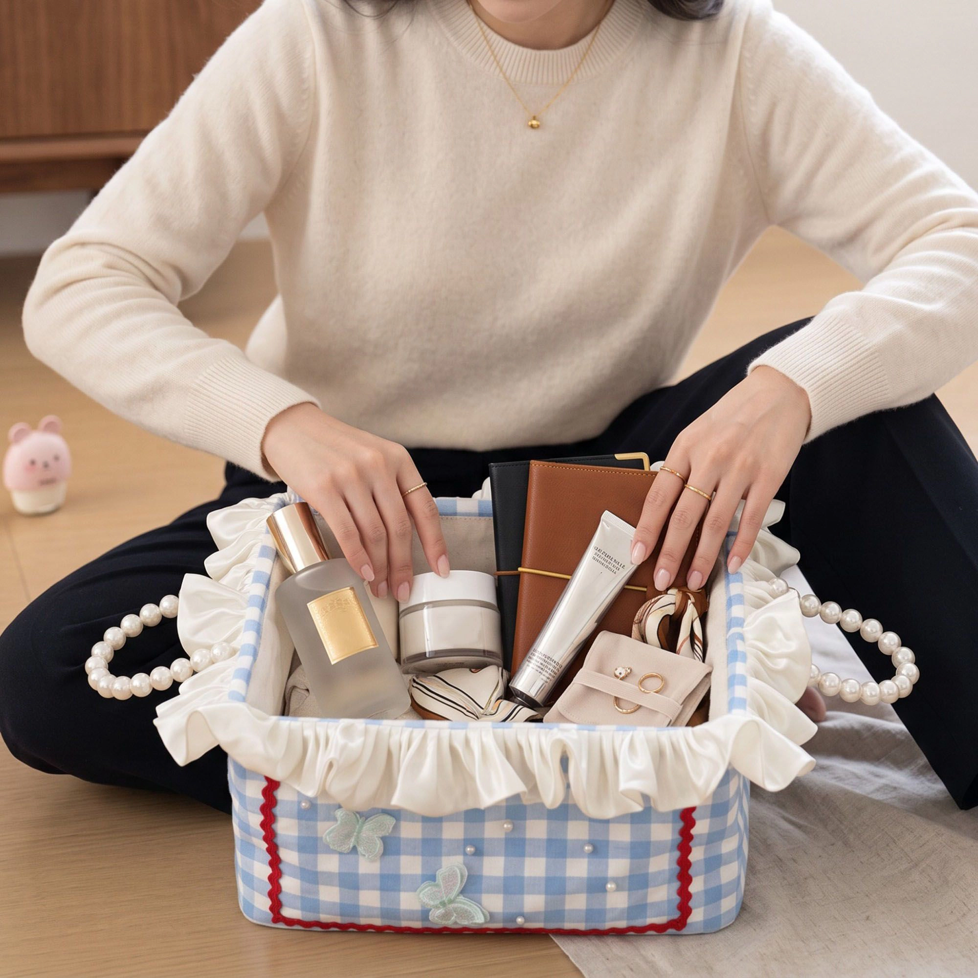 Alilang Unisex Gingham Fabric Storage Basket with Ruffle Trim and Handles