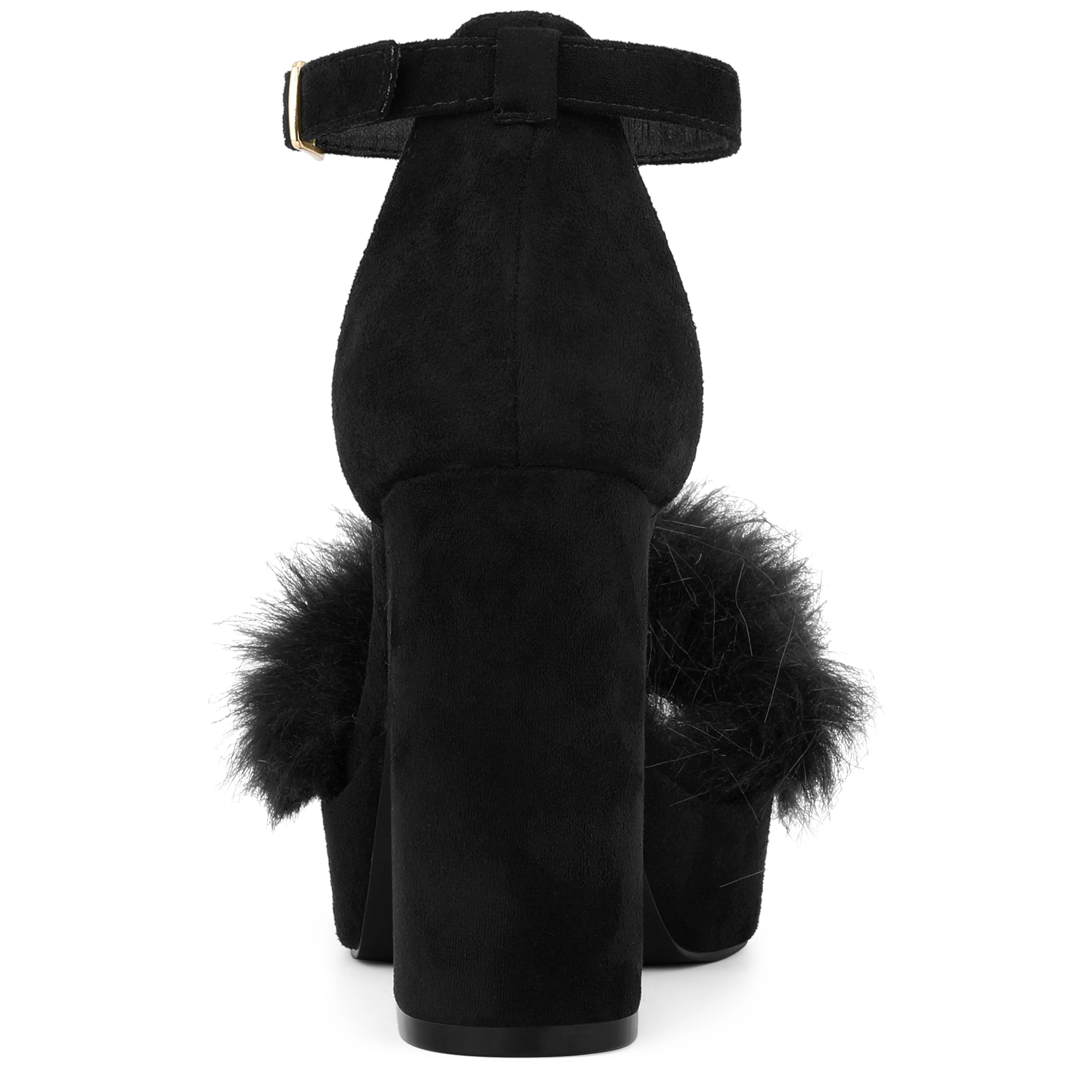 BLISSFUL STEP Women's Faux Suede Fur Square Toe Platform Chunky Heel Ankle Strap Sandals