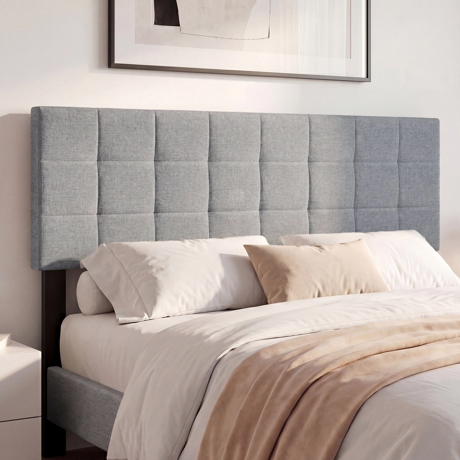 SUGIFT Quilted Grid Upholstered Headboard for Full and Queen Beds, Gray