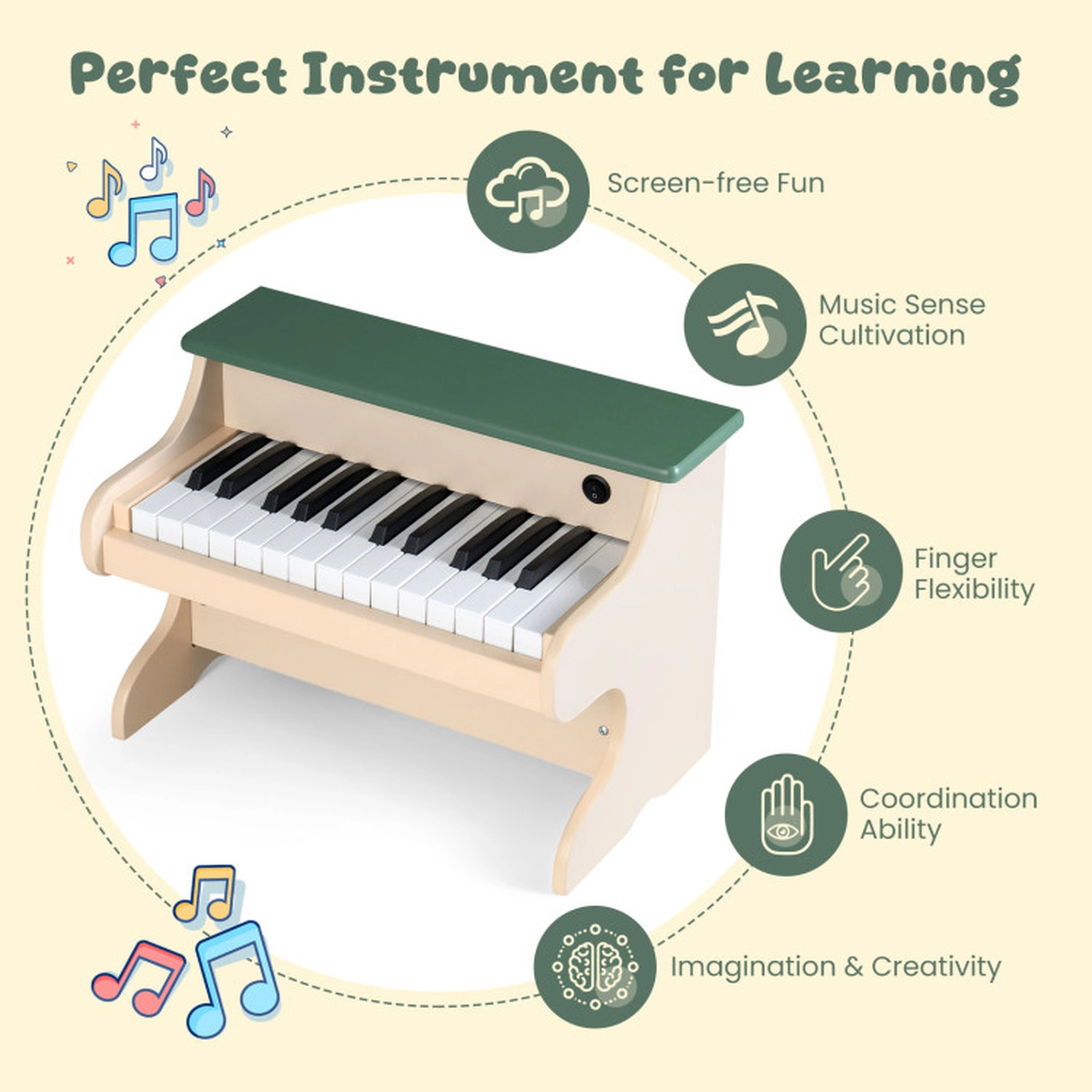 SUGIFT Green 25-Key Wooden Kids Digital Piano Toy with Widened Legs Rounded Corners and Removable Music Stand