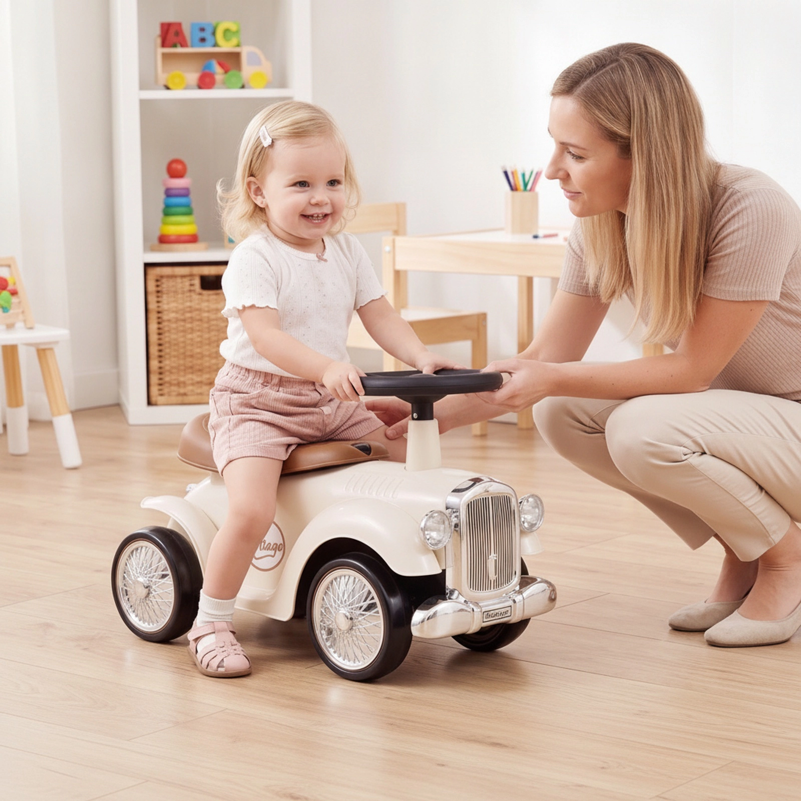 Kids Sit to Stand Ride on Vehicle Working Steering Wheel Under Seat Storage Retro Styling 18-36 Months 55-lb Limit