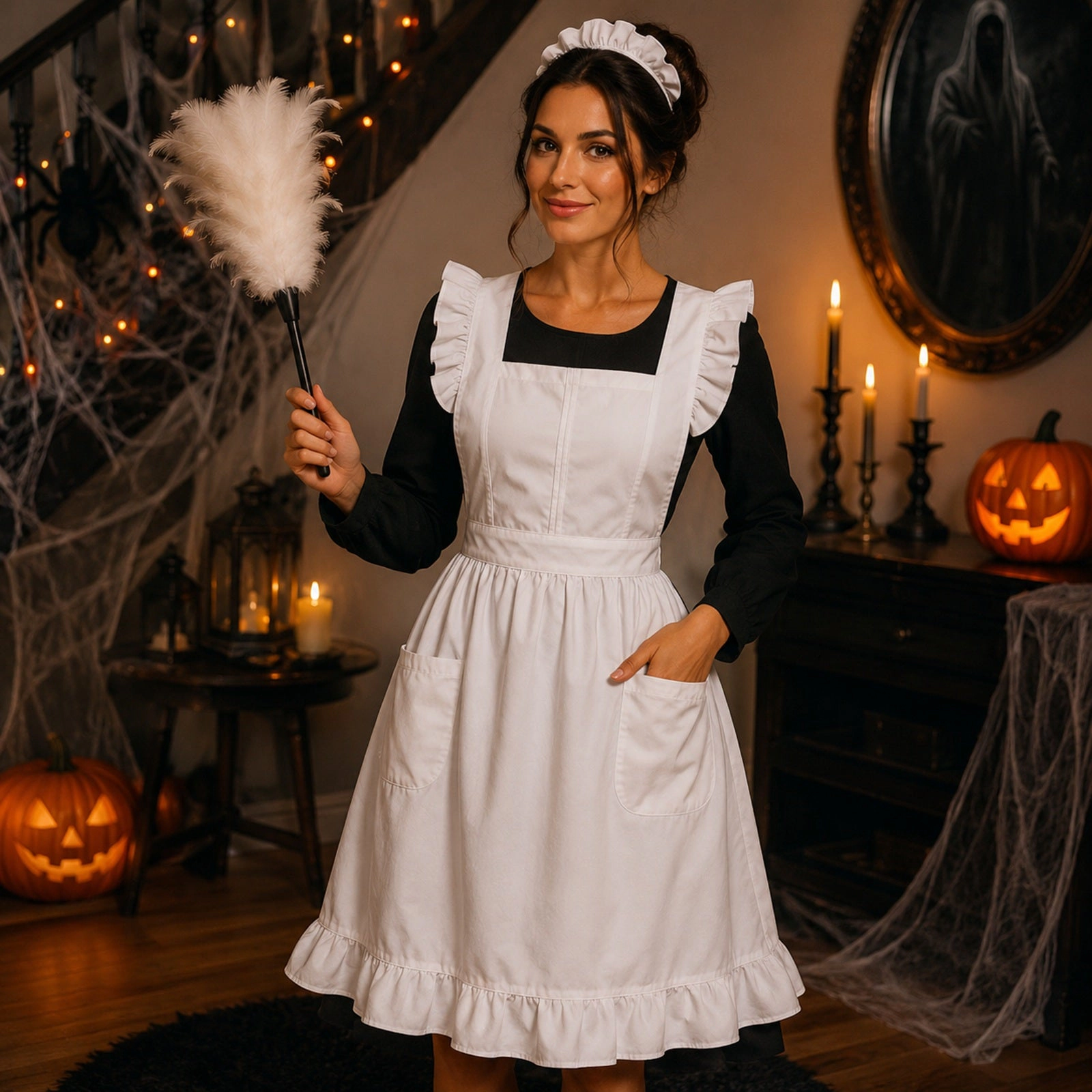 Wrapables Women's Retro White Apron with Pockets for Cooking or Cosplay, Halloween Costume Accessories