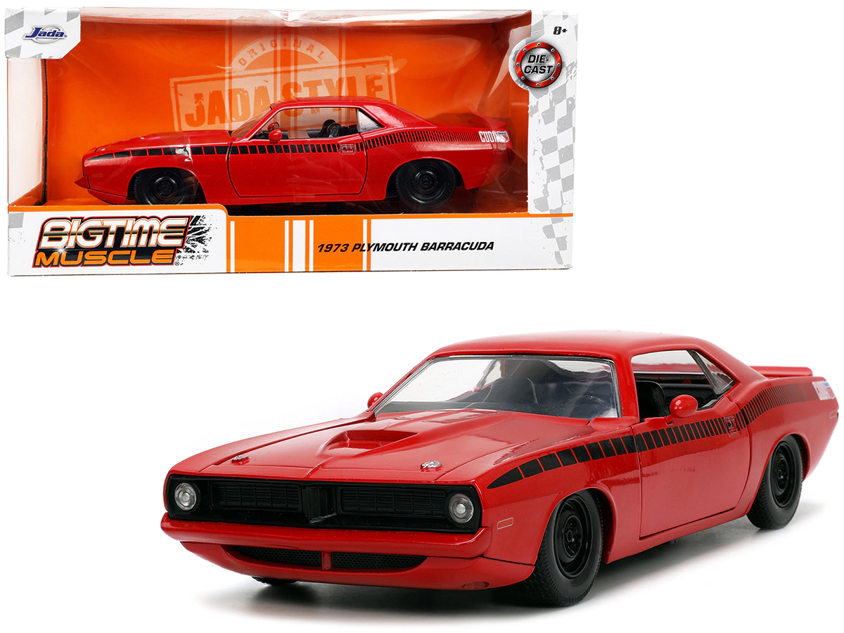 Jada 1973 Plymouth Barracuda Red with Black Stripes "Bigtime Muscle" Series 1/24 Diecast Model Car by Jada