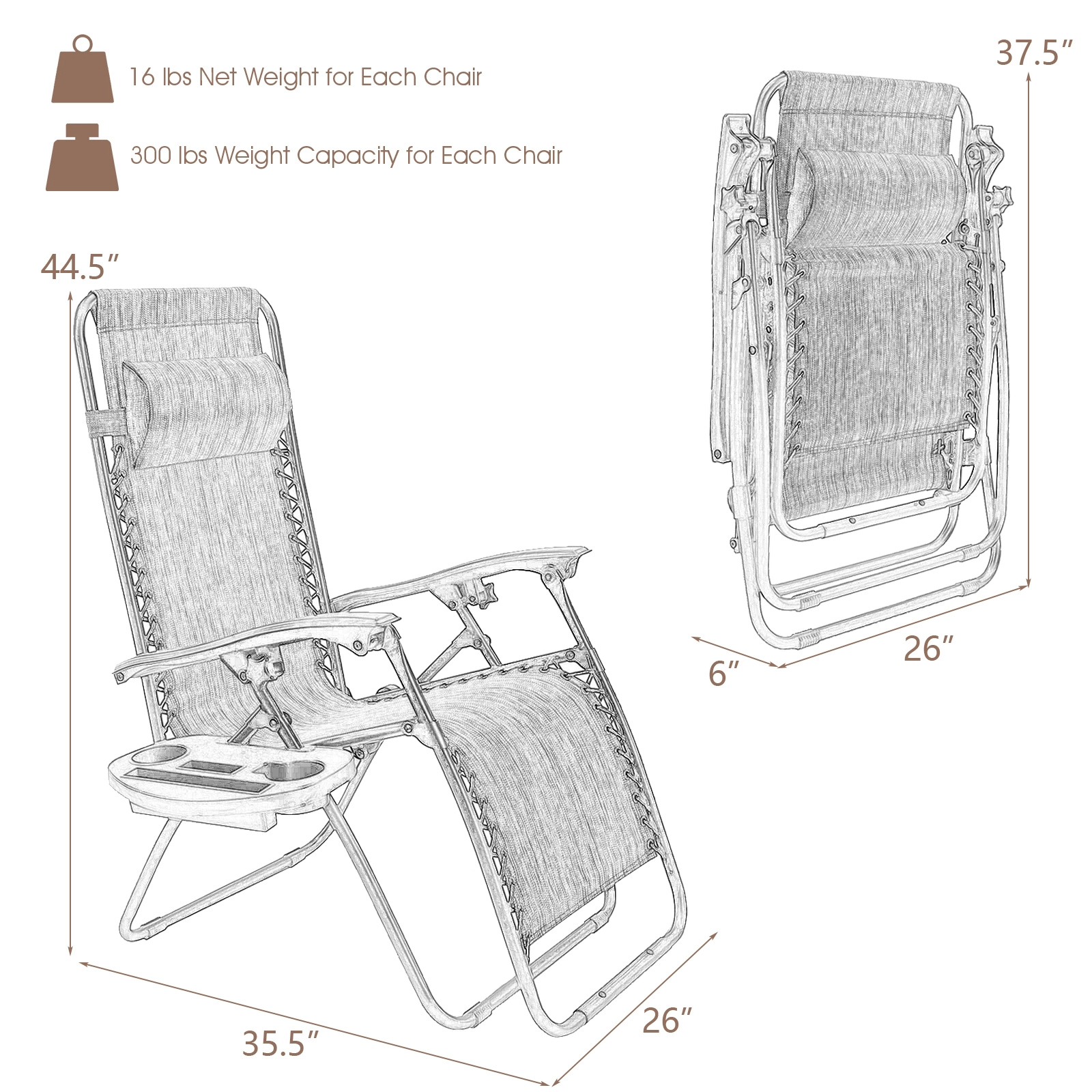 SUGIFT Set of 2 Brown Zero Gravity Reclining Chairs, 310-lb Capacity