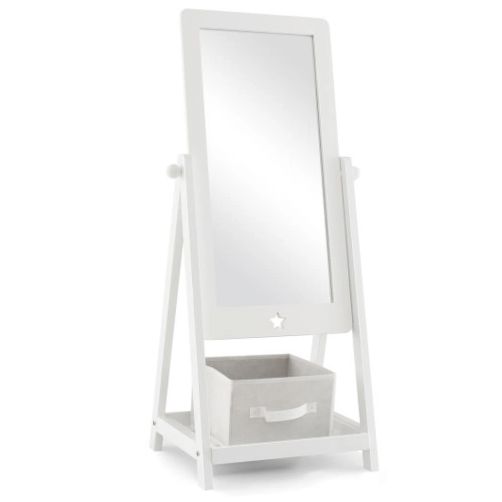Hivvago Kids Full Length Wooden Standing Mirror With Bottom Shelf And Foldable Storage Bin-White