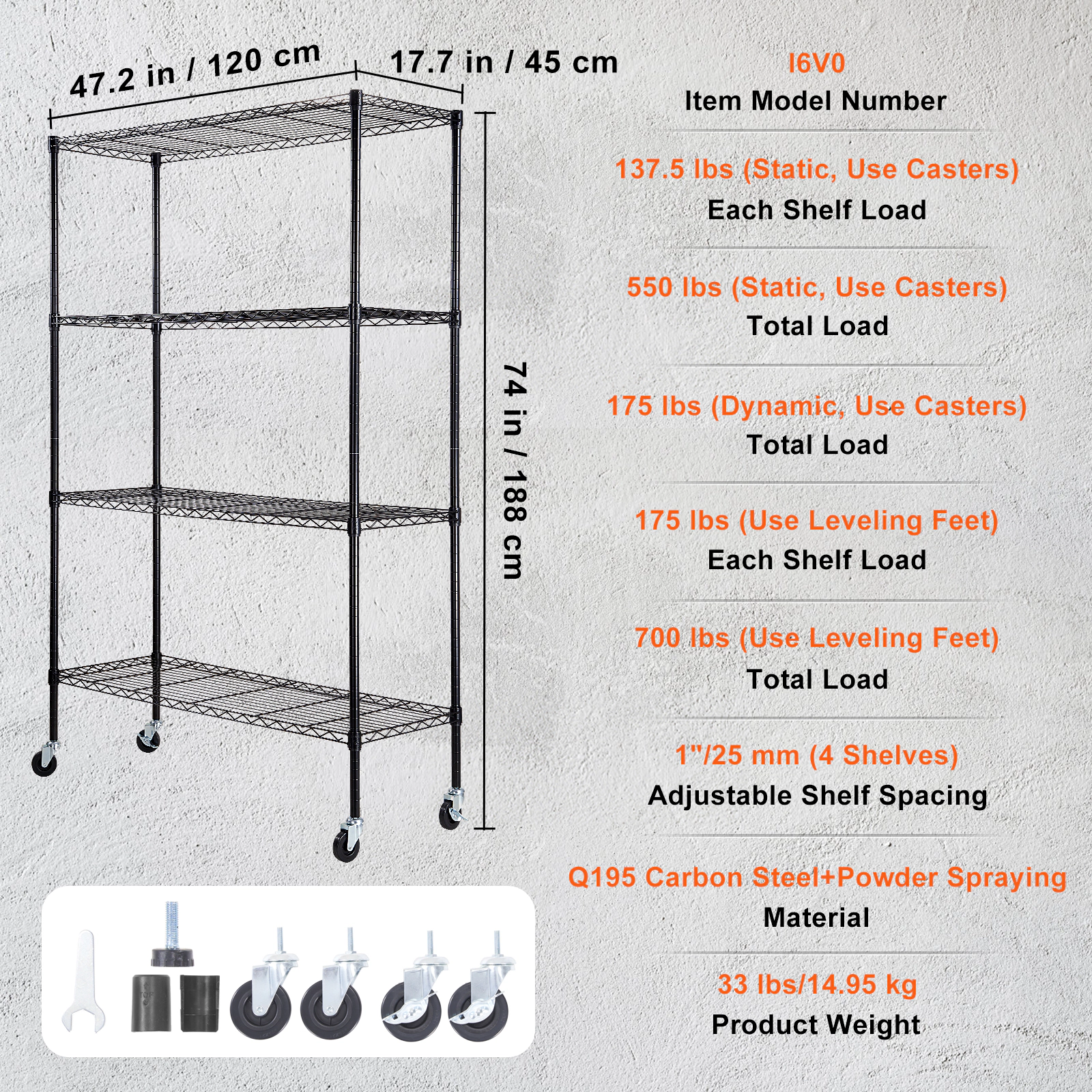 Flynama 4 Tier Heavy Duty Metal Wire Shelving 700 LBS 74 in H with Rolling Wheels for Garage