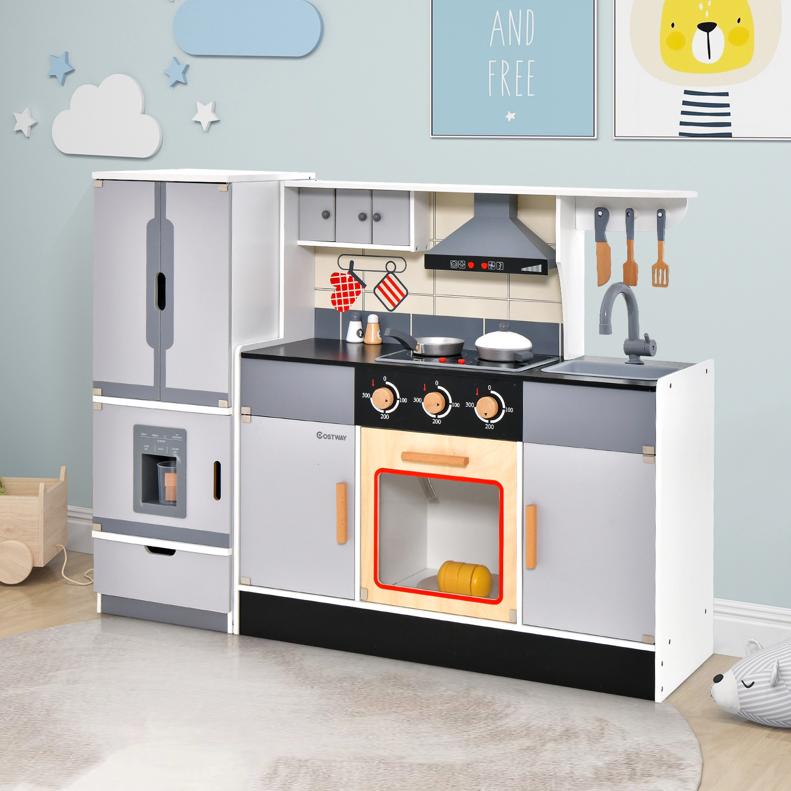 SUGIFT Wooden Chef Play Kitchen and Refrigerator with Range Hood and Roaster Ages 3+ As Pictures Show