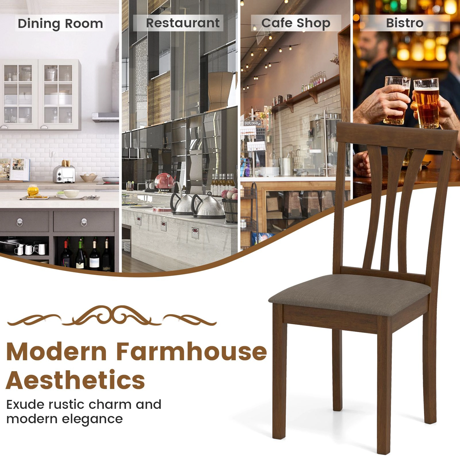 SlickBlue Set of 2 Farmhouse Dining Chairs, Linen Seat, Rubber Wood Frame